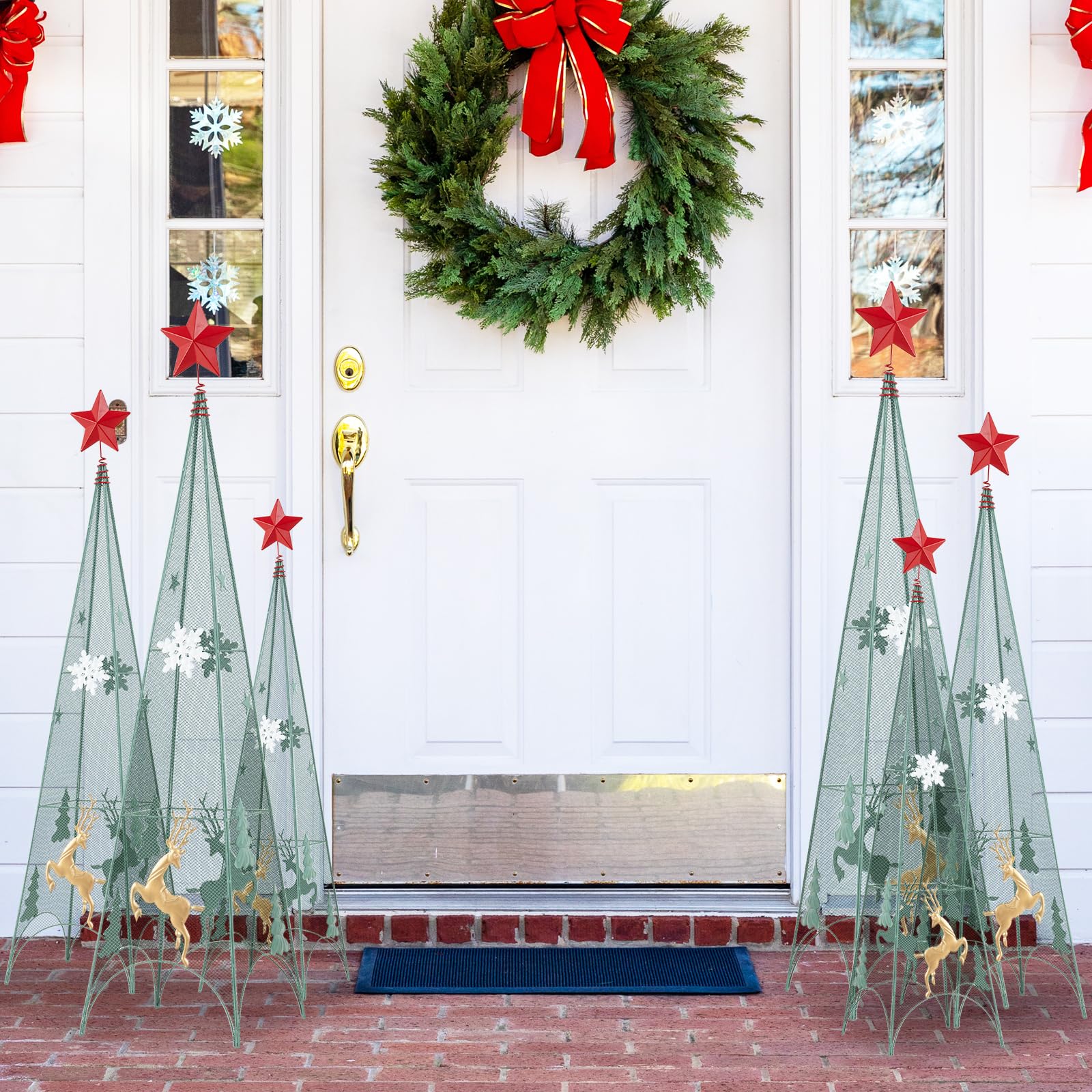 Goplus Set of 3 Tower Shaped Christmas Trees (3ft/3.5ft/4ft), Artificial Xmas Metal Trees with Removable Star Toppers & Reindeer - Image 2