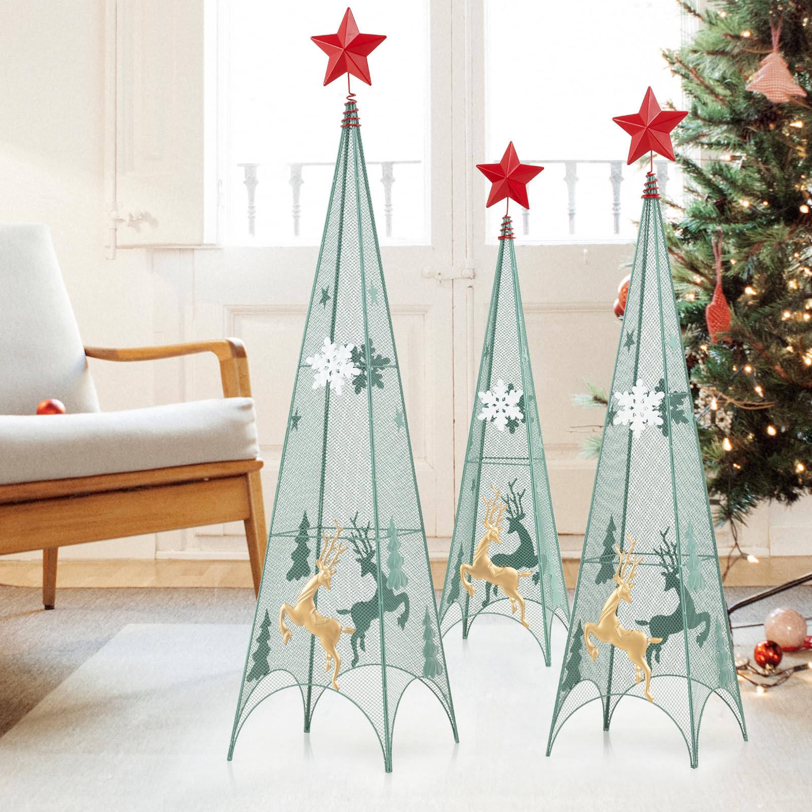Goplus Set of 3 Tower Shaped Christmas Trees (3ft/3.5ft/4ft), Artificial Xmas Metal Trees with Removable Star Toppers & Reindeer - Image 3