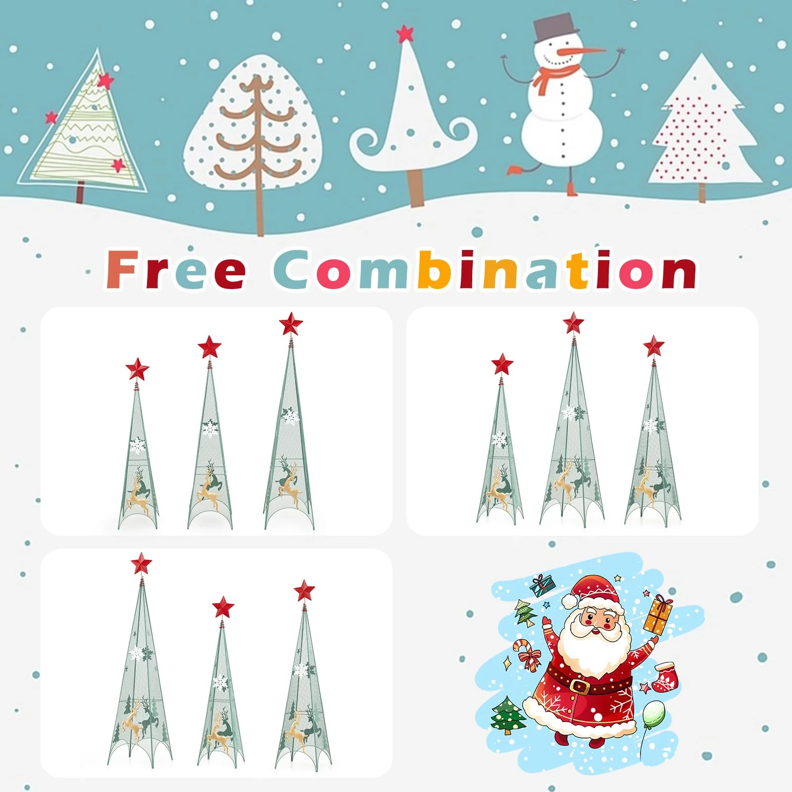 Goplus Set of 3 Tower Shaped Christmas Trees (3ft/3.5ft/4ft), Artificial Xmas Metal Trees with Removable Star Toppers & Reindeer - Image 4