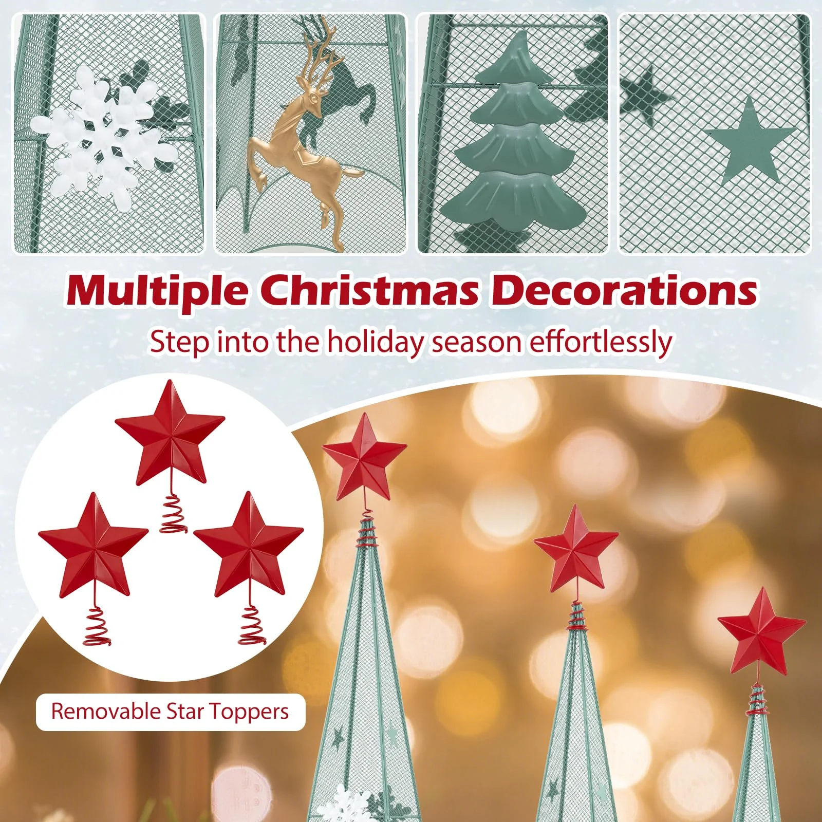 Goplus Set of 3 Tower Shaped Christmas Trees (3ft/3.5ft/4ft), Artificial Xmas Metal Trees with Removable Star Toppers & Reindeer - Image 5