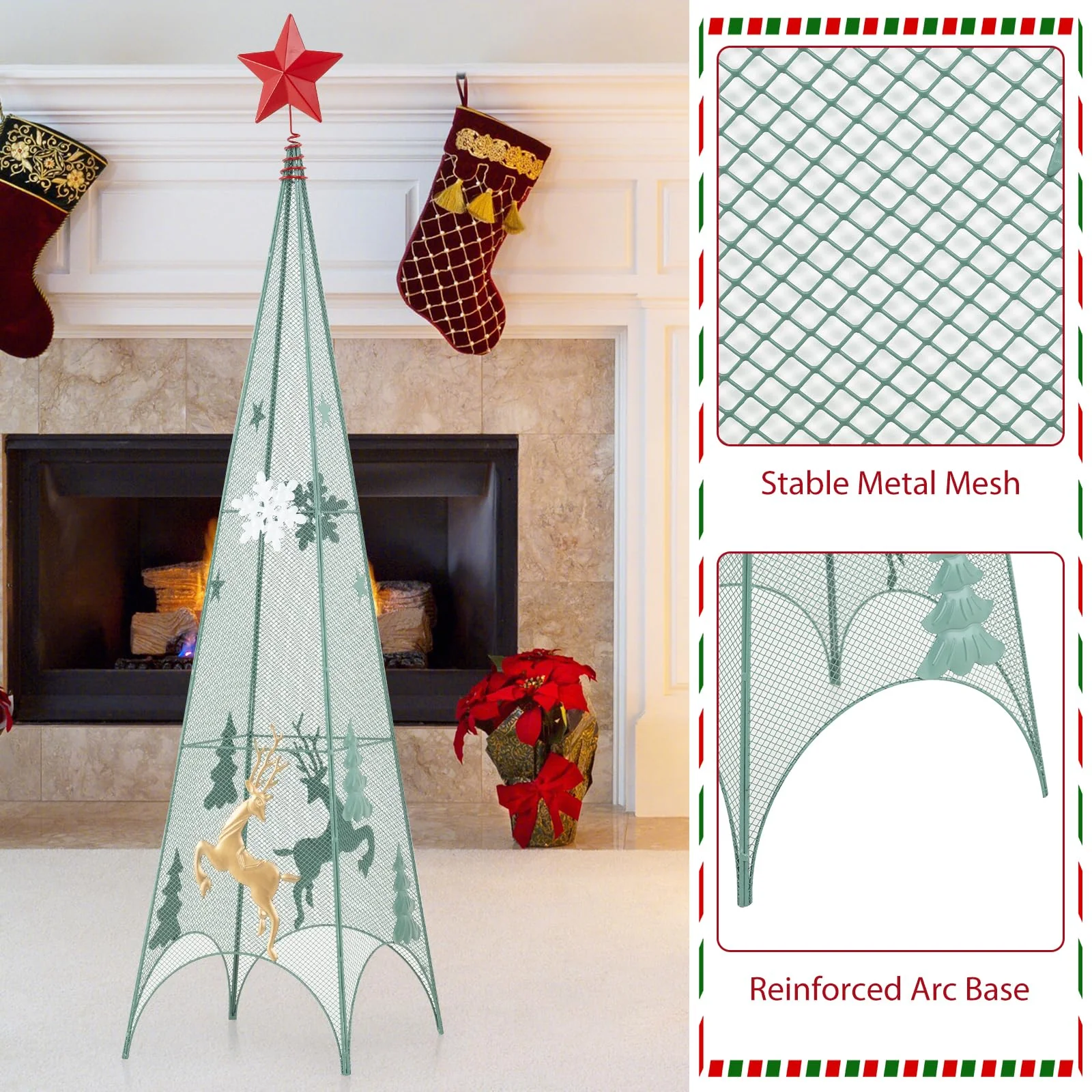 Goplus Set of 3 Tower Shaped Christmas Trees (3ft/3.5ft/4ft), Artificial Xmas Metal Trees with Removable Star Toppers & Reindeer - Image 6