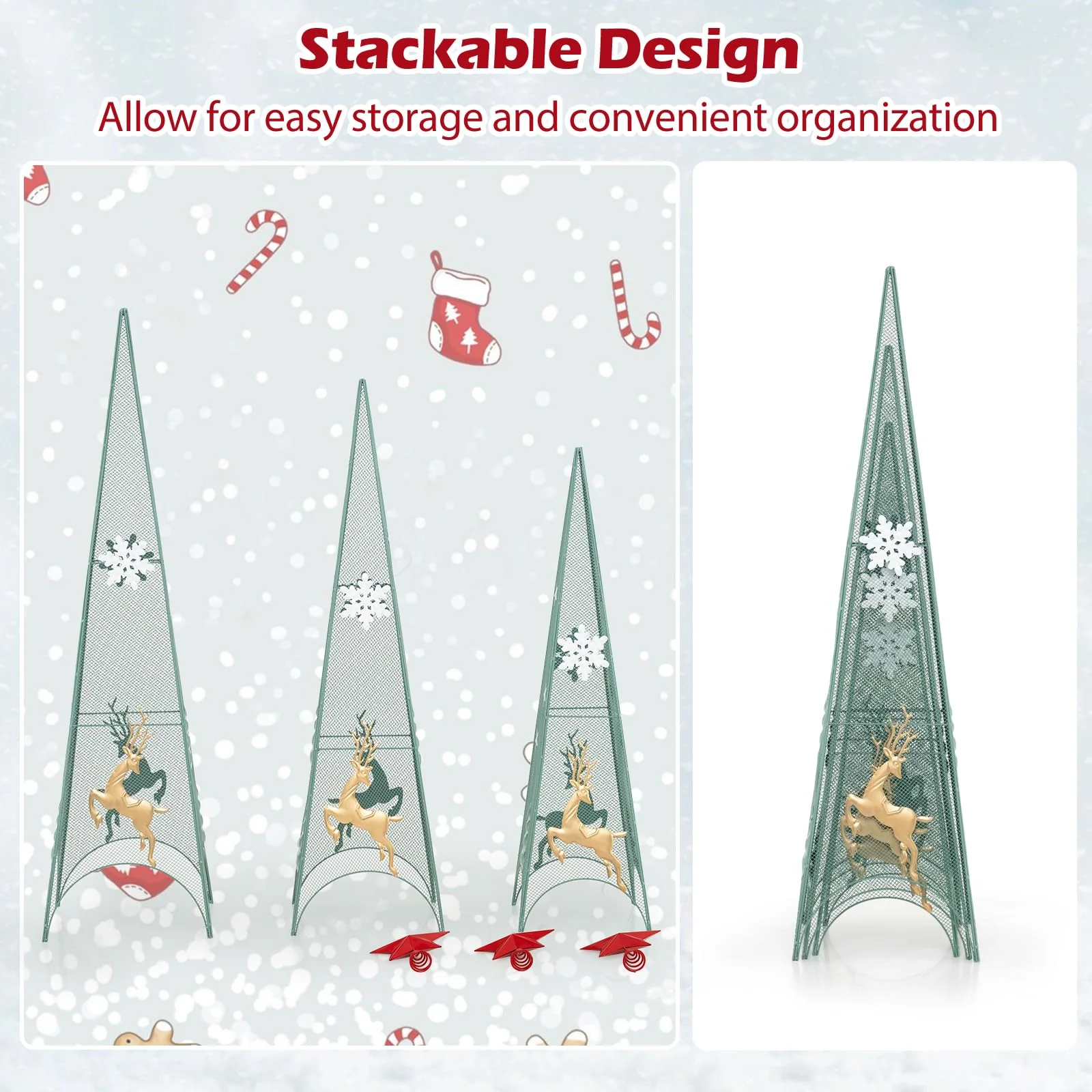 Goplus Set of 3 Tower Shaped Christmas Trees (3ft/3.5ft/4ft), Artificial Xmas Metal Trees with Removable Star Toppers & Reindeer - Image 7