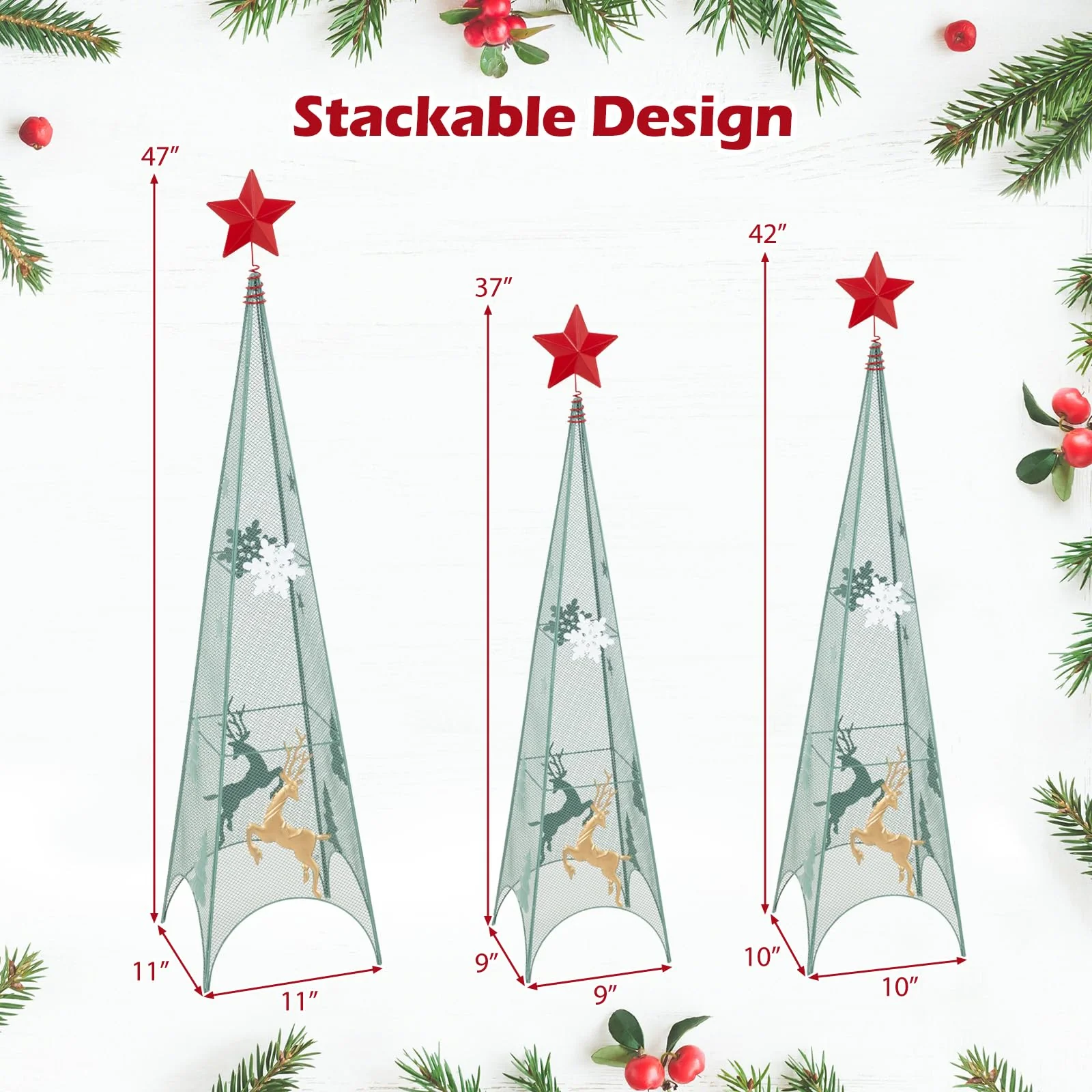 Goplus Set of 3 Tower Shaped Christmas Trees (3ft/3.5ft/4ft), Artificial Xmas Metal Trees with Removable Star Toppers & Reindeer - Image 8