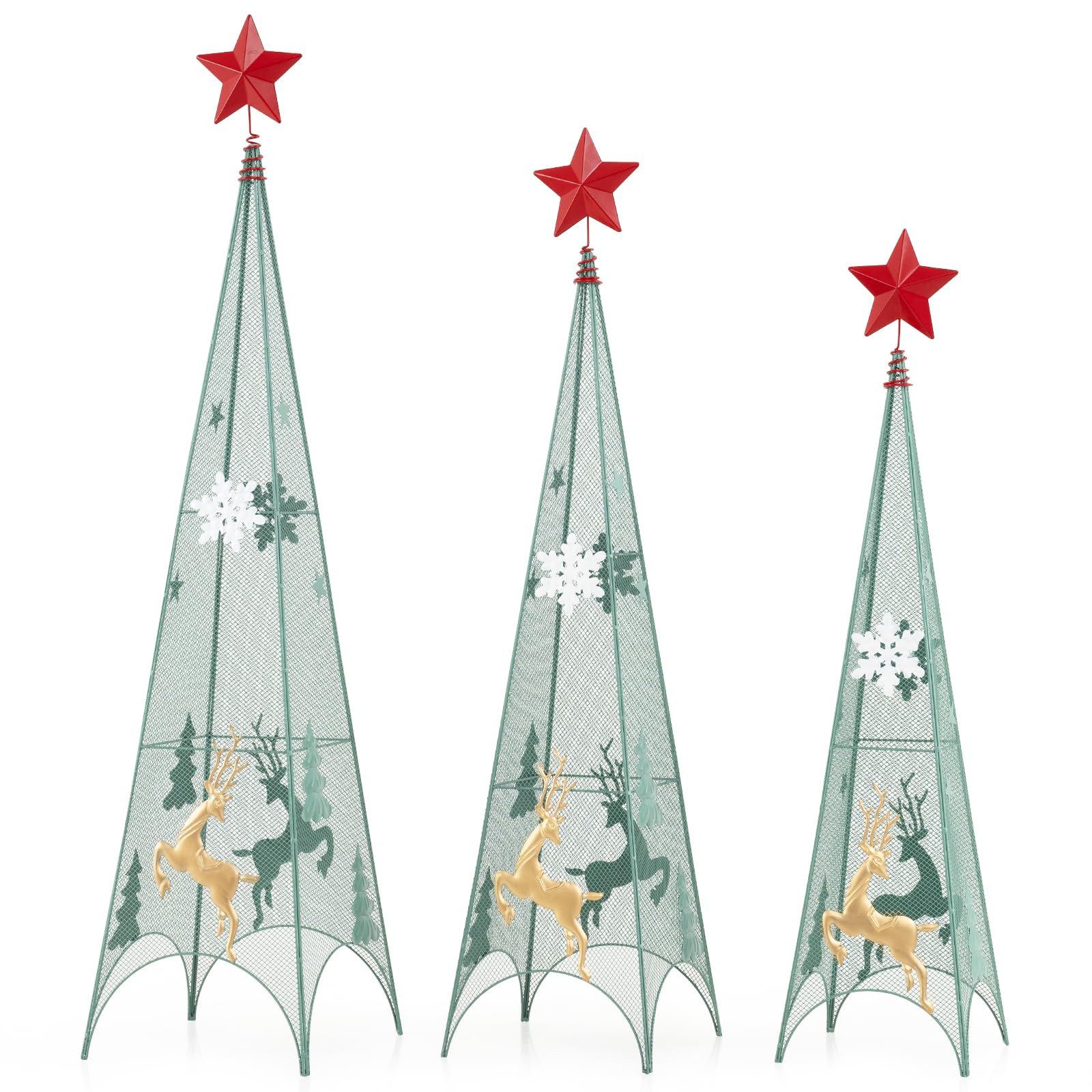 Goplus Set of 3 Tower Shaped Christmas Trees (3ft/3.5ft/4ft), Artificial Xmas Metal Trees with Removable Star Toppers & Reindeer - Image 9