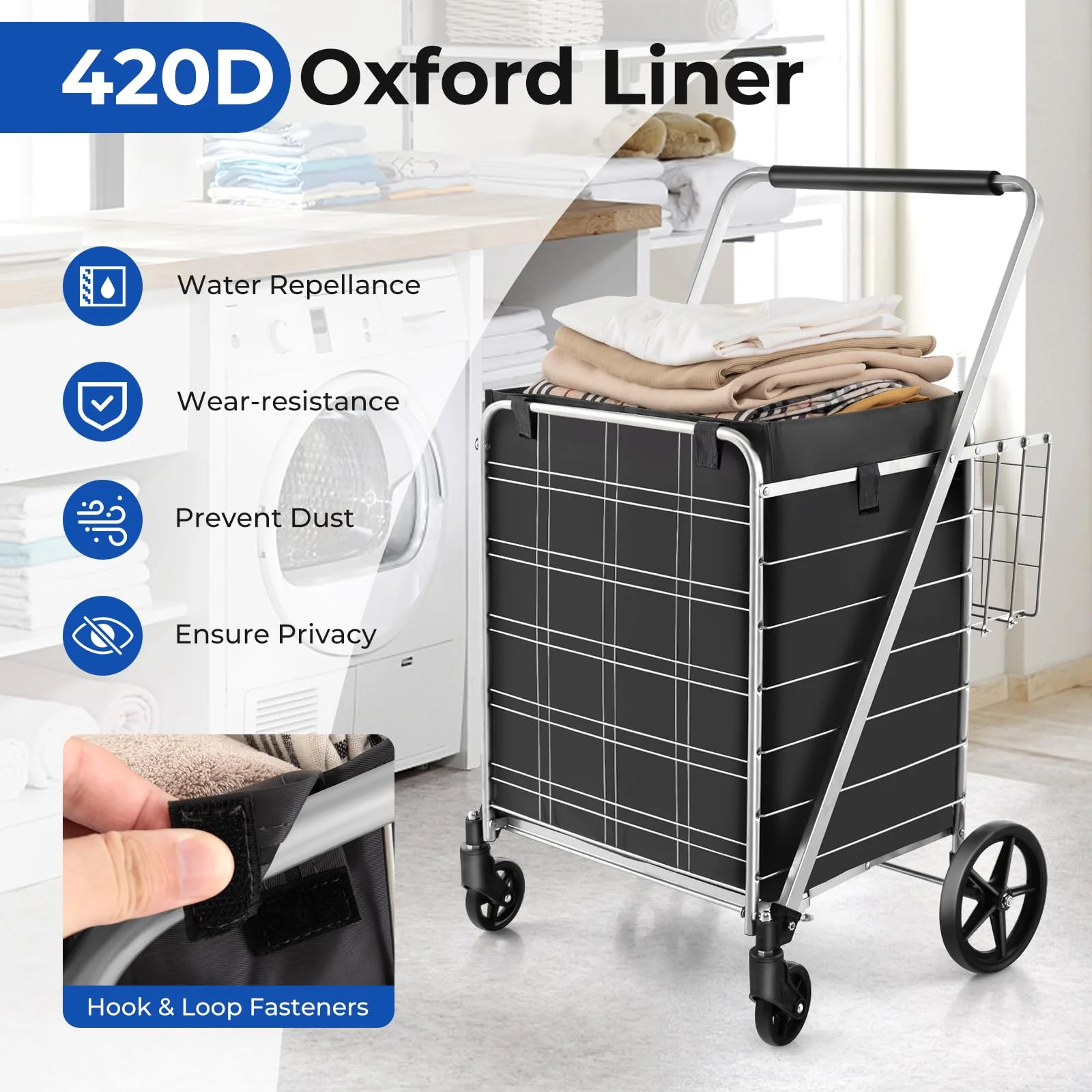 Goplus Shopping Cart for Groceries, Jumbo Upgraded Folding Grocery Cart with Waterproof Liner - Image 4