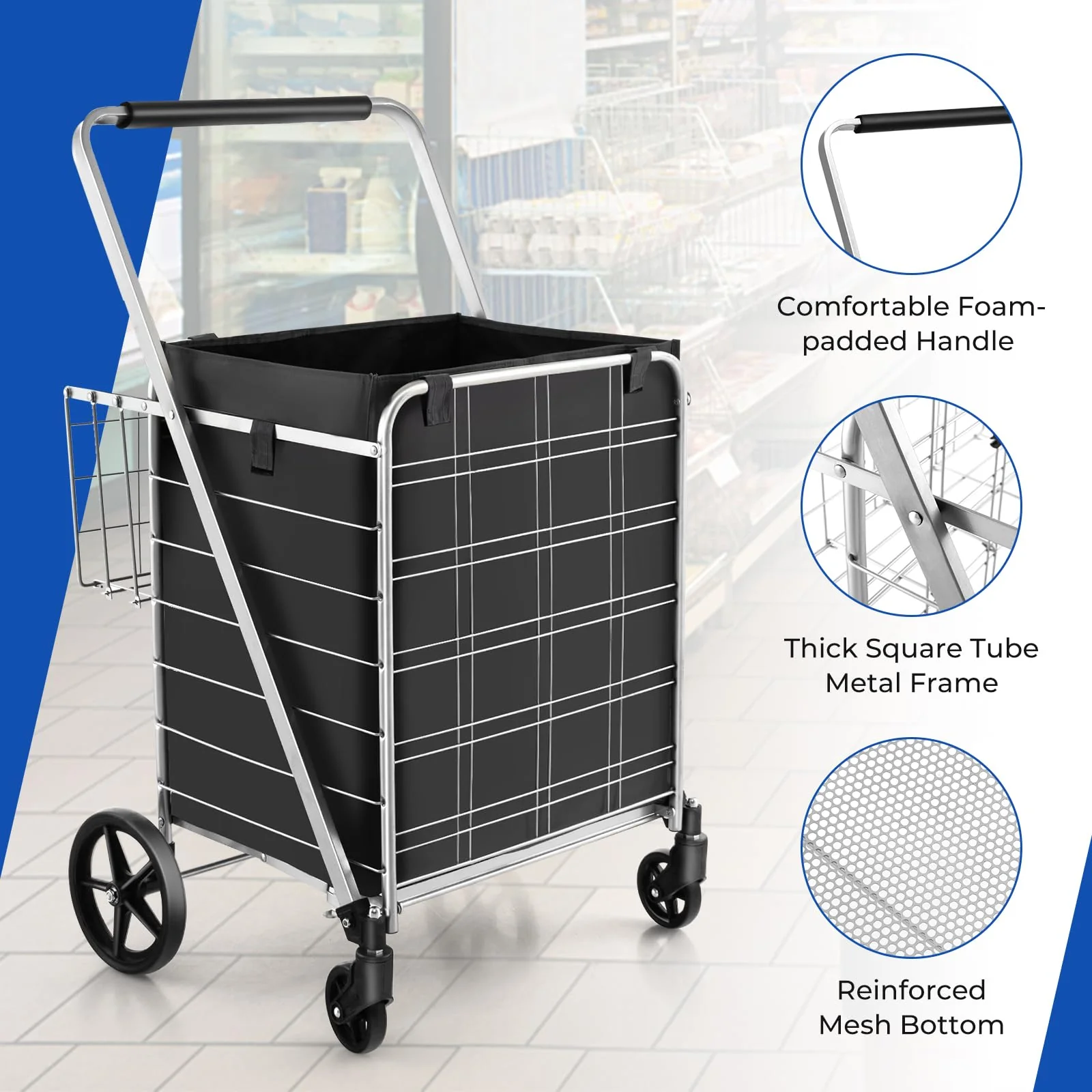Goplus Shopping Cart for Groceries, Jumbo Upgraded Folding Grocery Cart with Waterproof Liner - Image 5