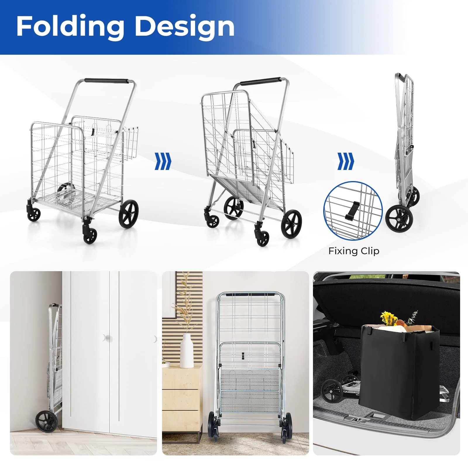 Goplus Shopping Cart for Groceries, Jumbo Upgraded Folding Grocery Cart with Waterproof Liner - Image 6