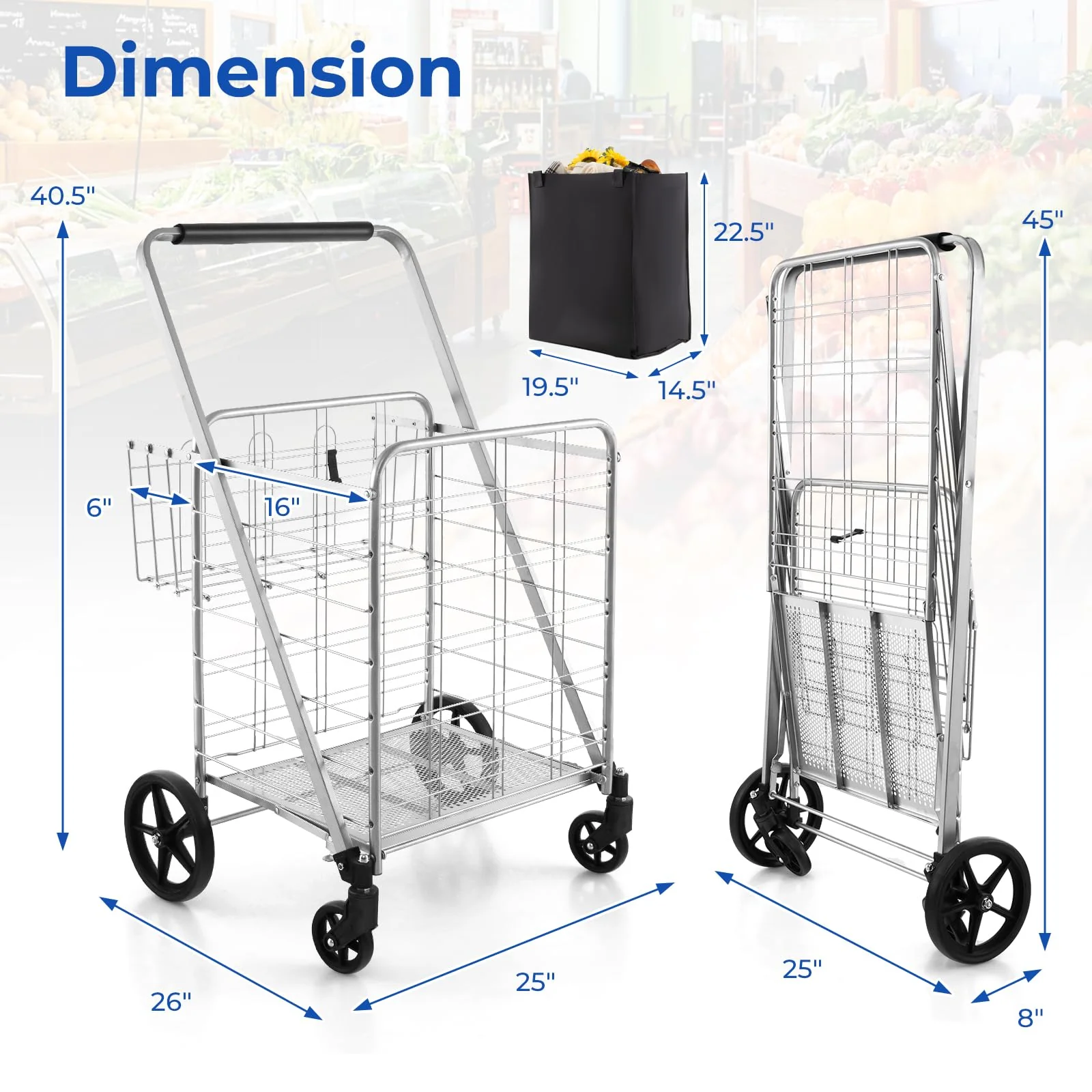 Goplus Shopping Cart for Groceries, Jumbo Upgraded Folding Grocery Cart with Waterproof Liner - Image 7