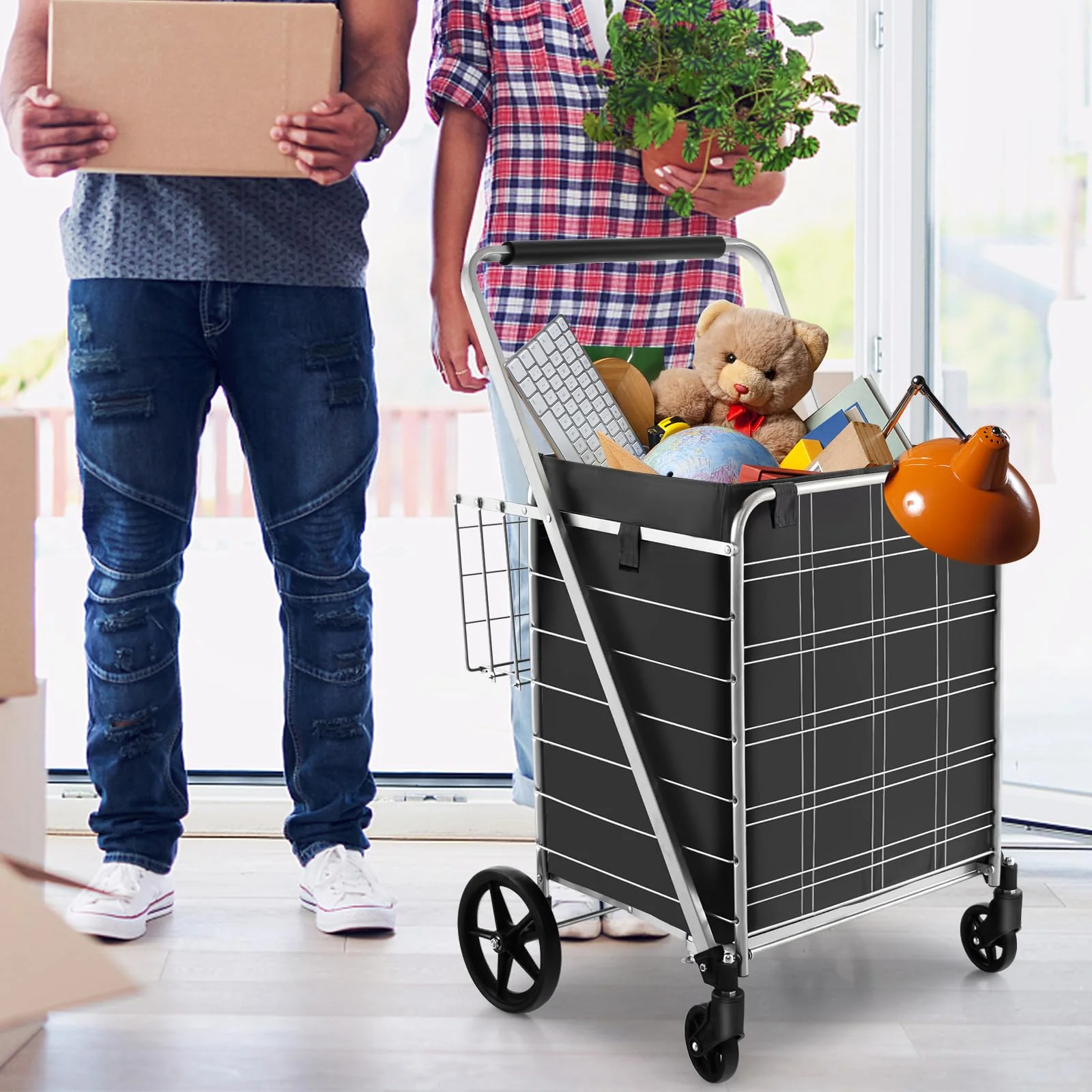 Goplus Shopping Cart for Groceries, Jumbo Upgraded Folding Grocery Cart with Waterproof Liner - Image 8
