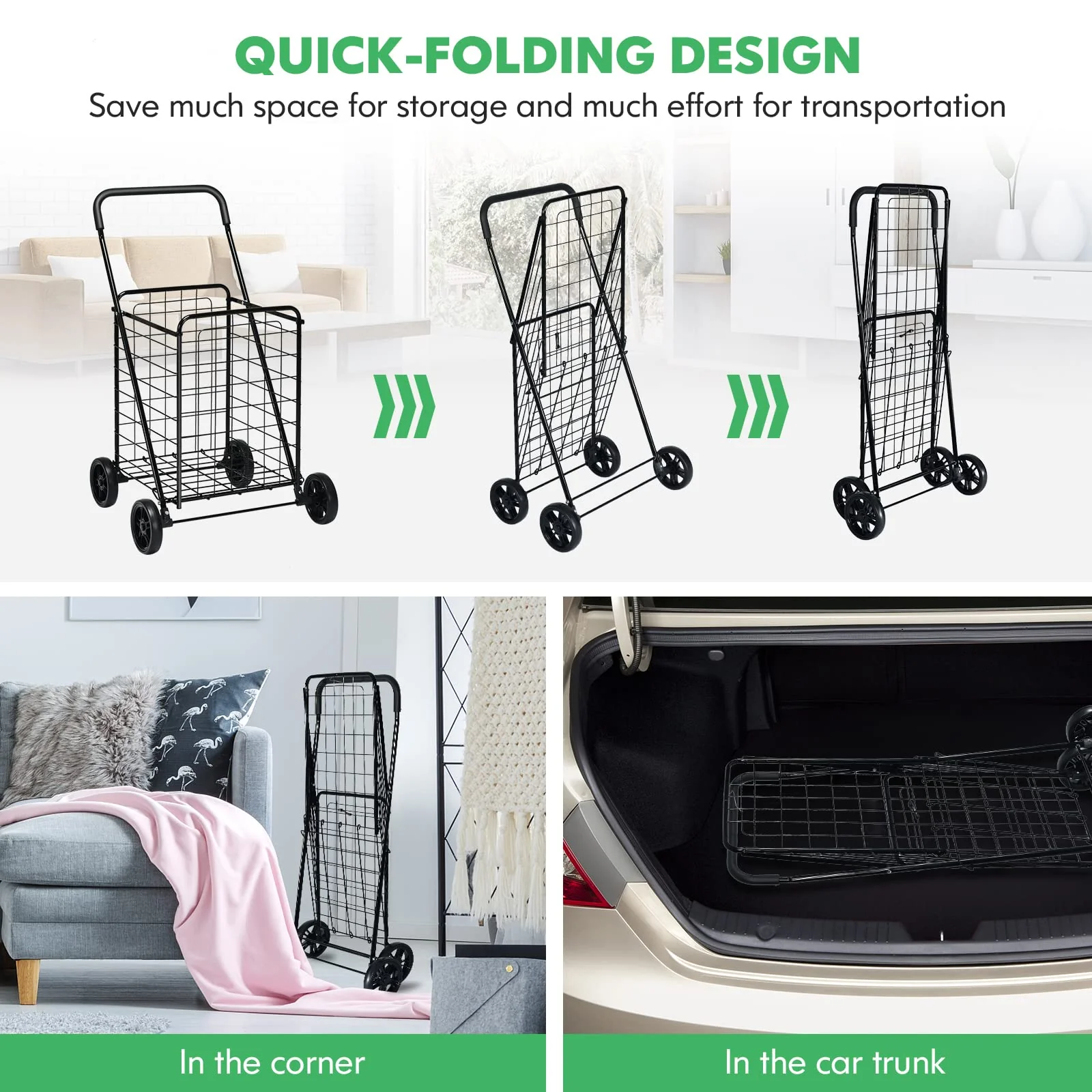 Goplus Shopping Carts for Groceries, Heavy Duty Grocery Cart on Wheels Foldable - Image 4