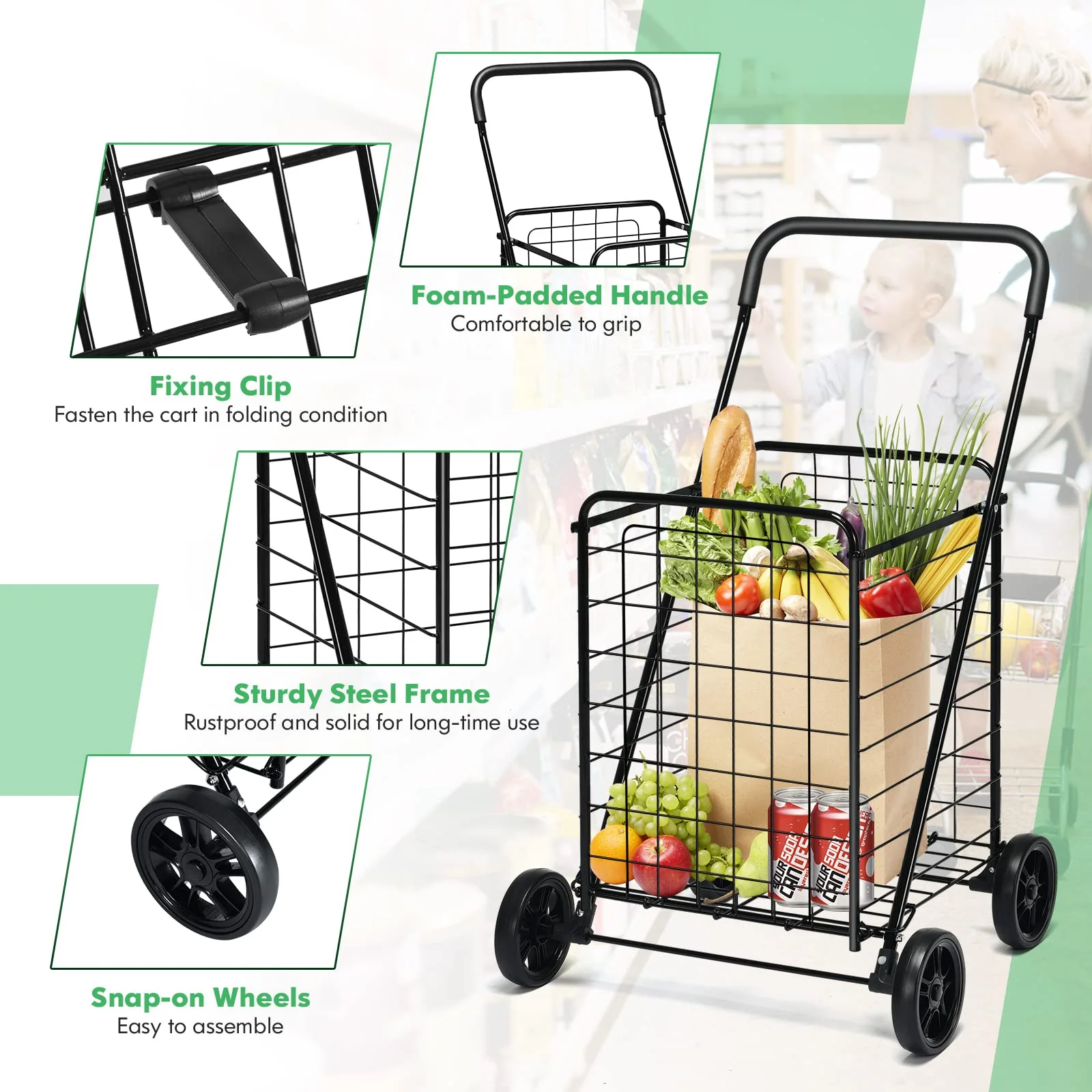 Goplus Shopping Carts for Groceries, Heavy Duty Grocery Cart on Wheels Foldable - Image 5