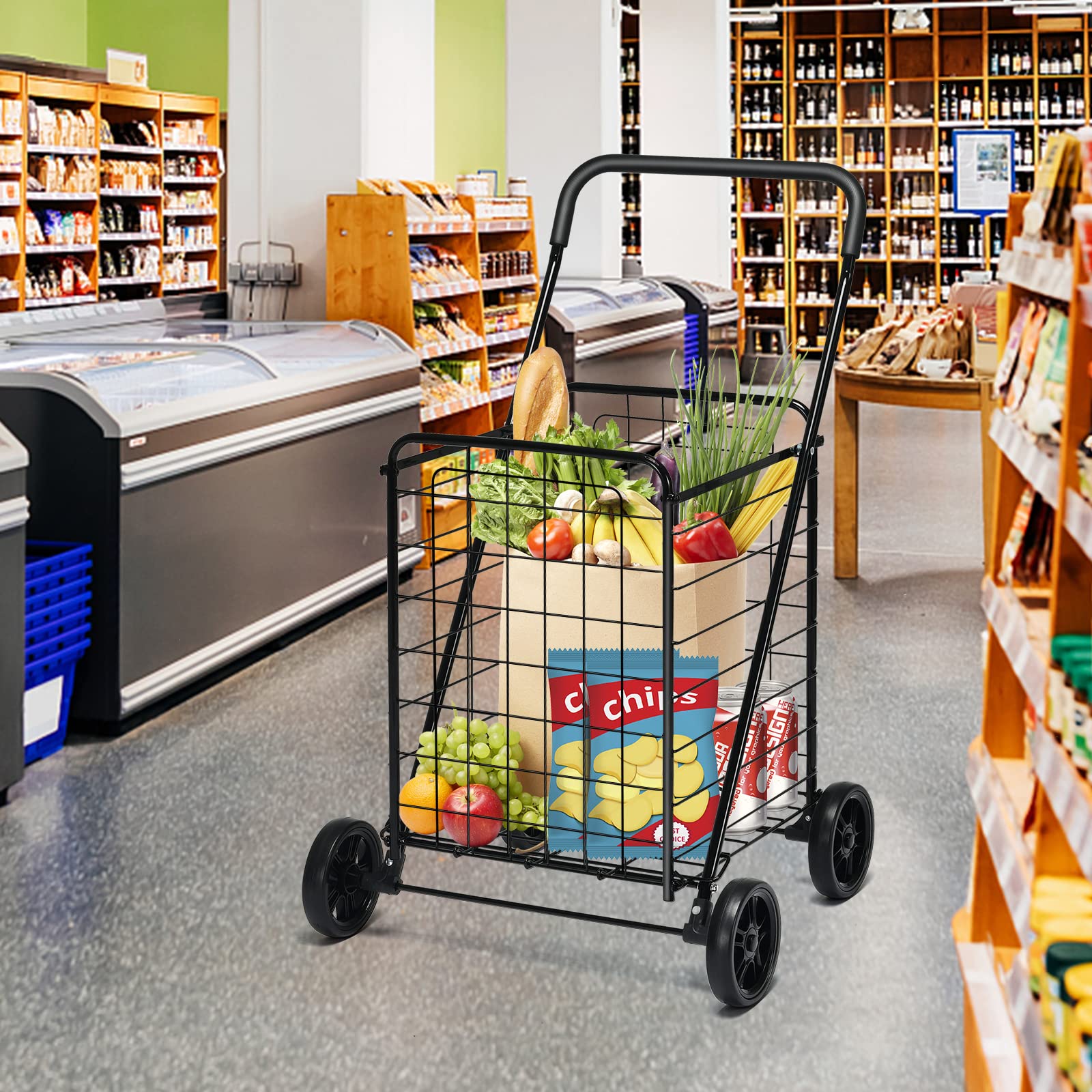 Goplus Shopping Carts for Groceries, Heavy Duty Grocery Cart on Wheels Foldable - Image 8