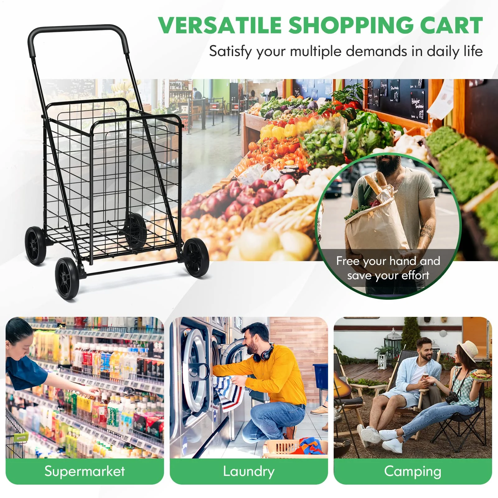 Goplus Shopping Carts for Groceries, Heavy Duty Grocery Cart on Wheels Foldable - Image 9
