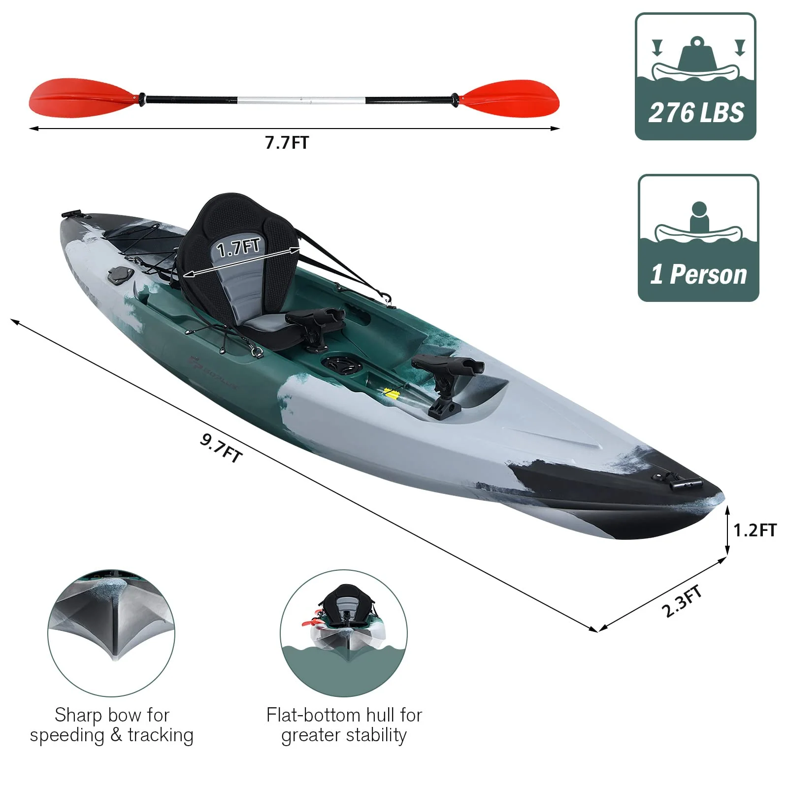 Goplus Sit-on-Top Fishing Kayaks for Adults, 9.7 FT One Person Recreational Touring Kayak - Image 8
