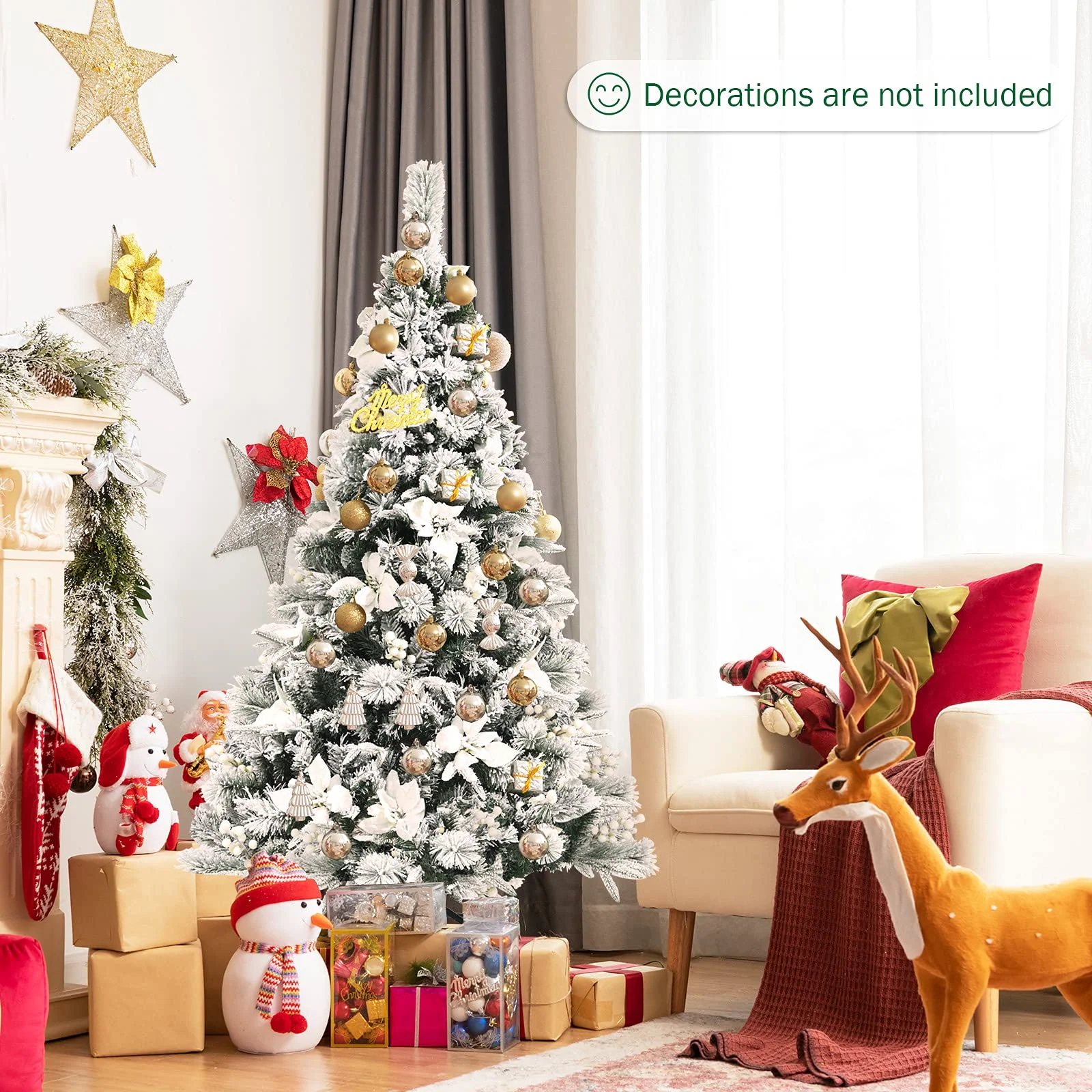 Goplus Snow Flocked Artificial Christmas Tree, Hinged Xmas Tree w/ Folding Metal Stand, Office, Party, Wedding - Image 3