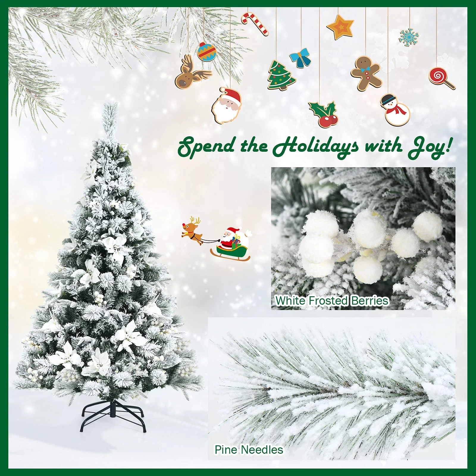 Goplus Snow Flocked Artificial Christmas Tree, Hinged Xmas Tree w/ Folding Metal Stand, Office, Party, Wedding - Image 4