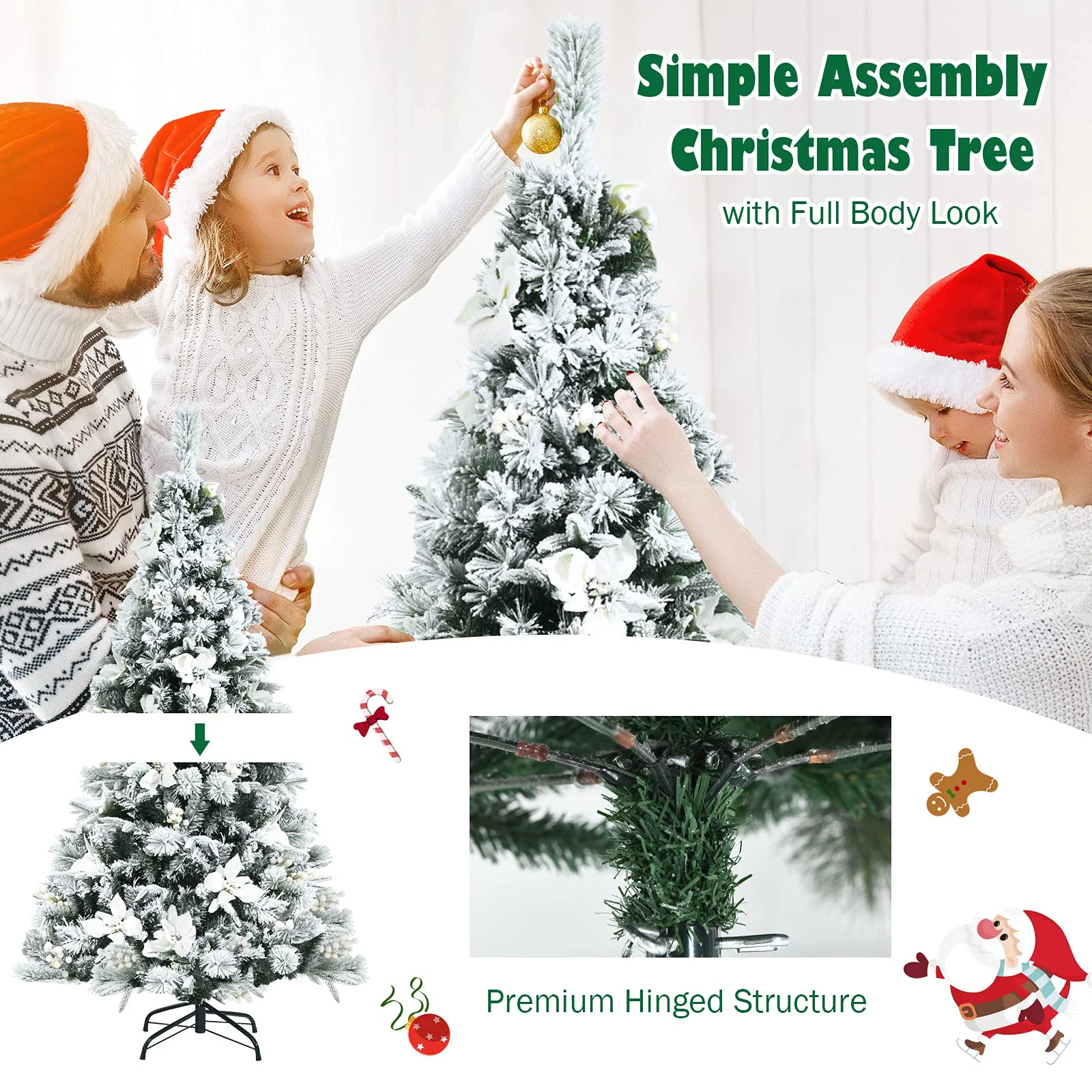 Goplus Snow Flocked Artificial Christmas Tree, Hinged Xmas Tree w/ Folding Metal Stand, Office, Party, Wedding - Image 5