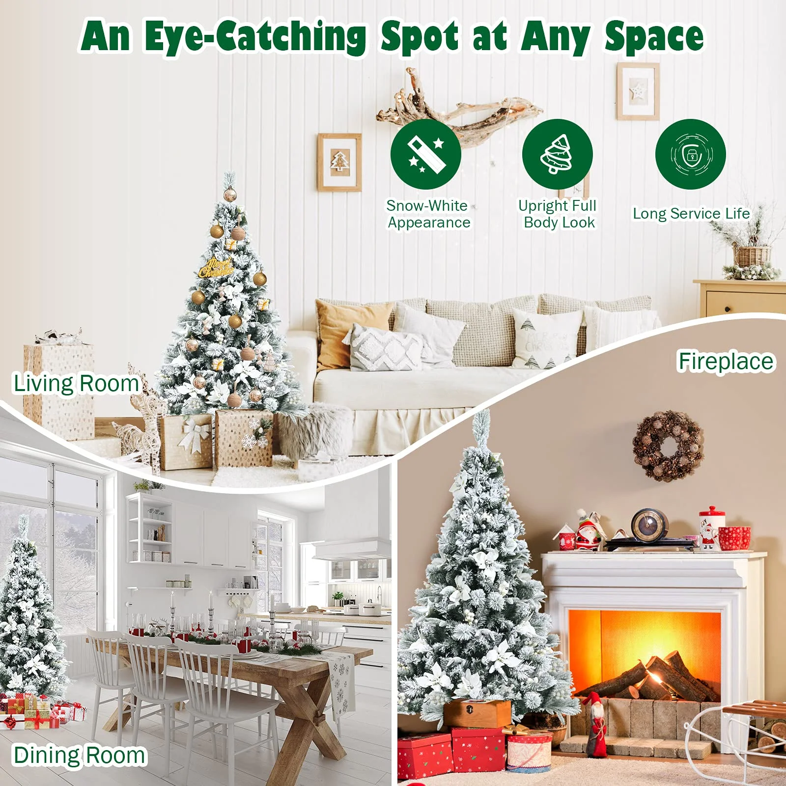 Goplus Snow Flocked Artificial Christmas Tree, Hinged Xmas Tree w/ Folding Metal Stand, Office, Party, Wedding - Image 7