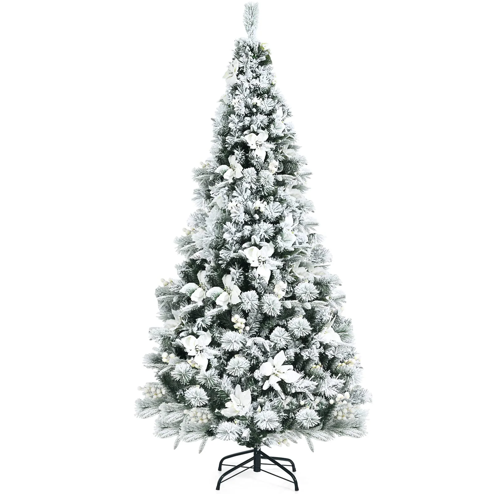 Goplus Snow Flocked Artificial Christmas Tree, Hinged Xmas Tree w/ Folding Metal Stand, Office, Party, Wedding - Image 9