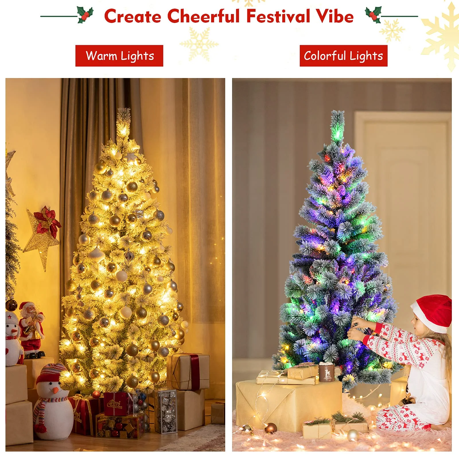 Goplus Snow Flocked Christmas Tree, Premium Hinged Artificial Pine Tree, Remote Controller, Xmas Full Tree for Indoor - Image 3
