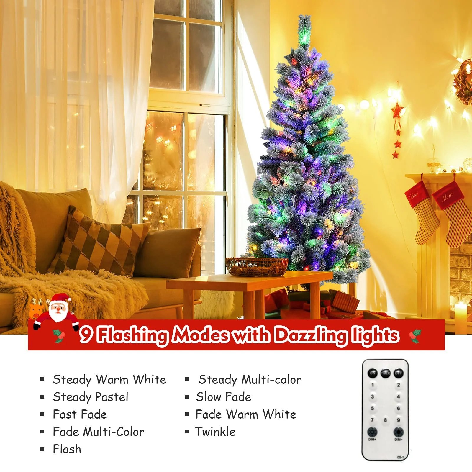 Goplus Snow Flocked Christmas Tree, Premium Hinged Artificial Pine Tree, Remote Controller, Xmas Full Tree for Indoor - Image 4