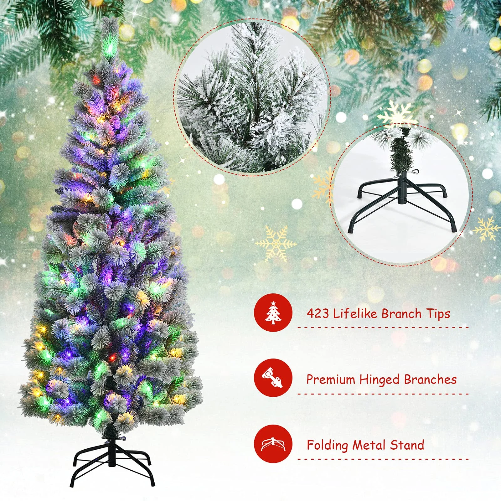 Goplus Snow Flocked Christmas Tree, Premium Hinged Artificial Pine Tree, Remote Controller, Xmas Full Tree for Indoor - Image 5