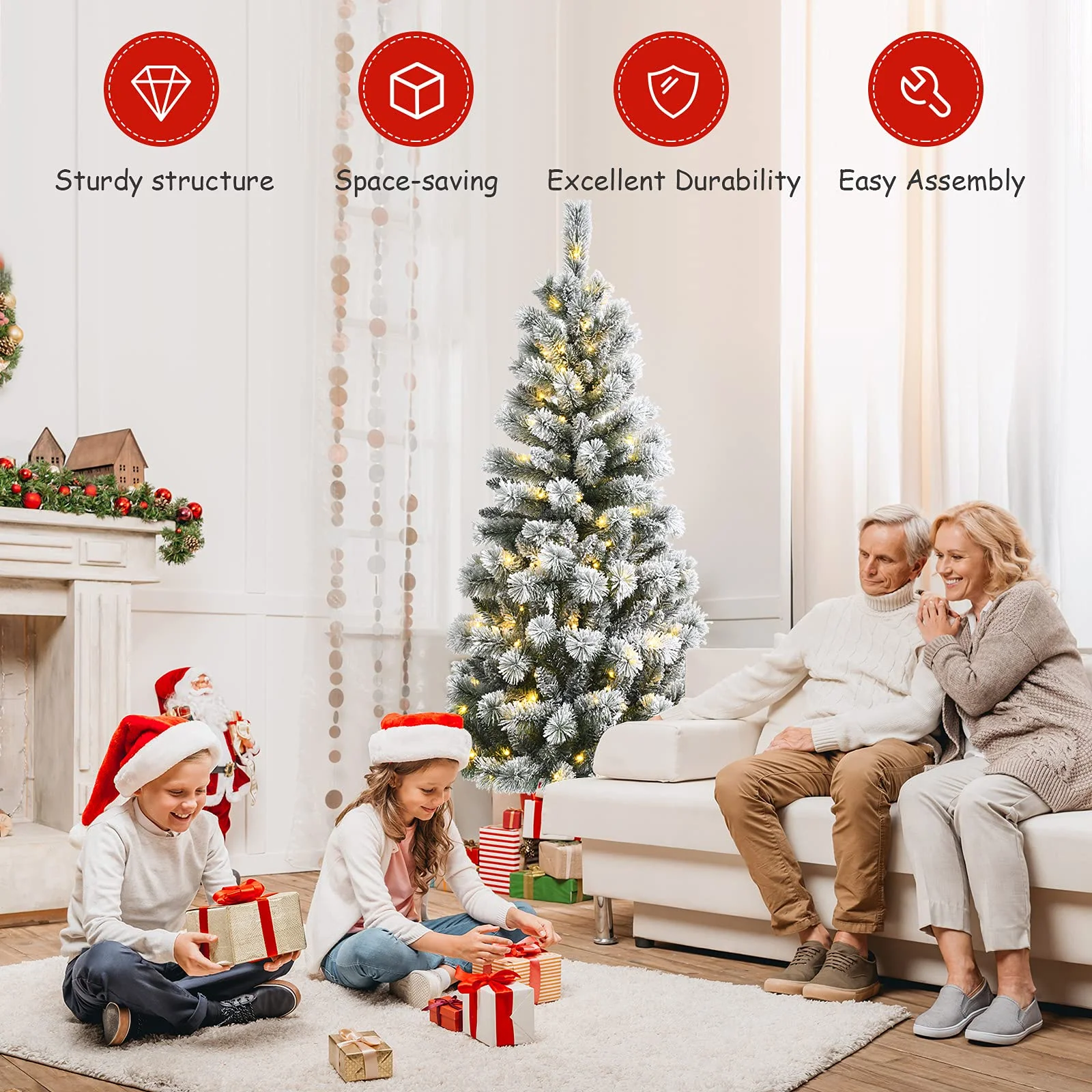 Goplus Snow Flocked Christmas Tree, Premium Hinged Artificial Pine Tree, Remote Controller, Xmas Full Tree for Indoor - Image 6