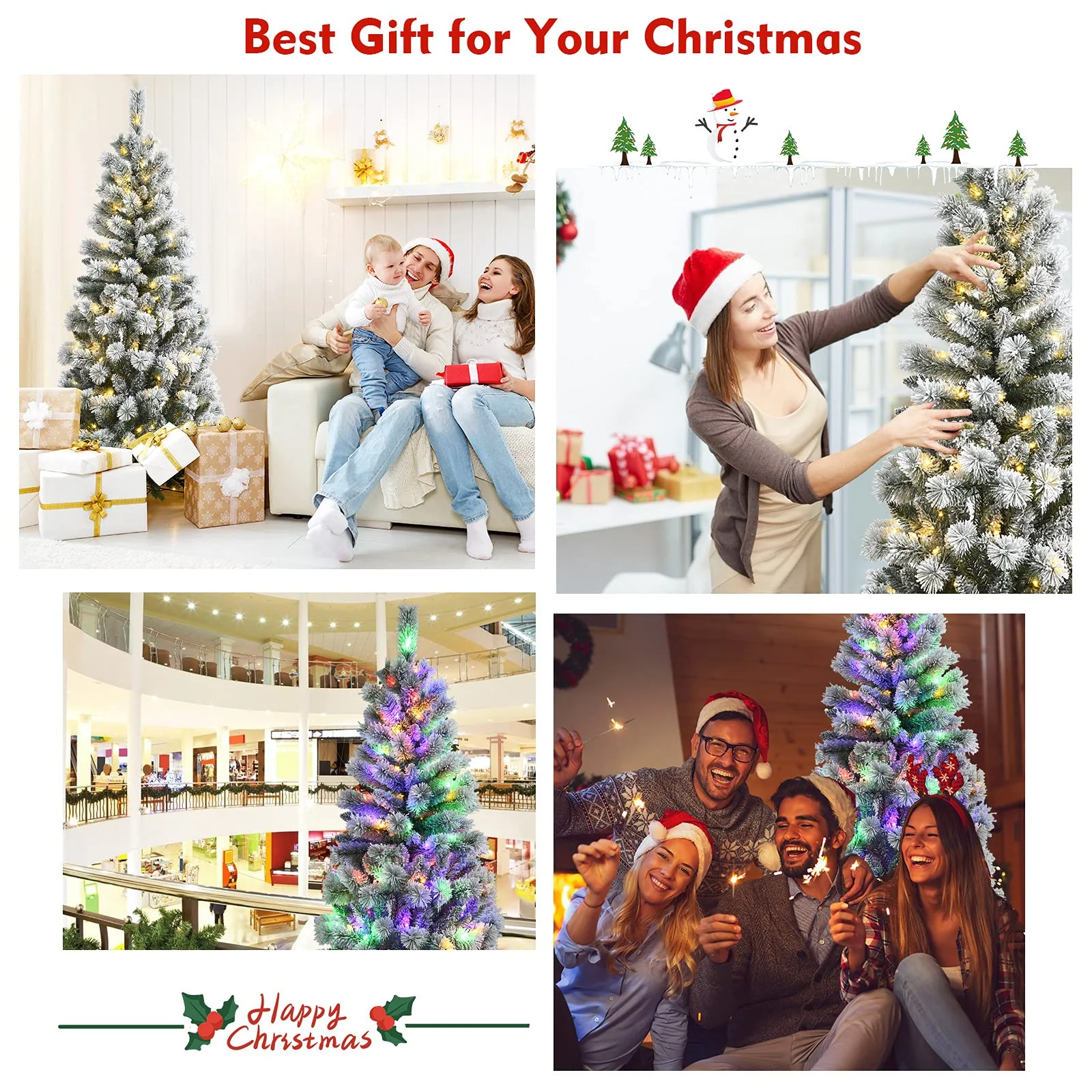 Goplus Snow Flocked Christmas Tree, Premium Hinged Artificial Pine Tree, Remote Controller, Xmas Full Tree for Indoor - Image 7