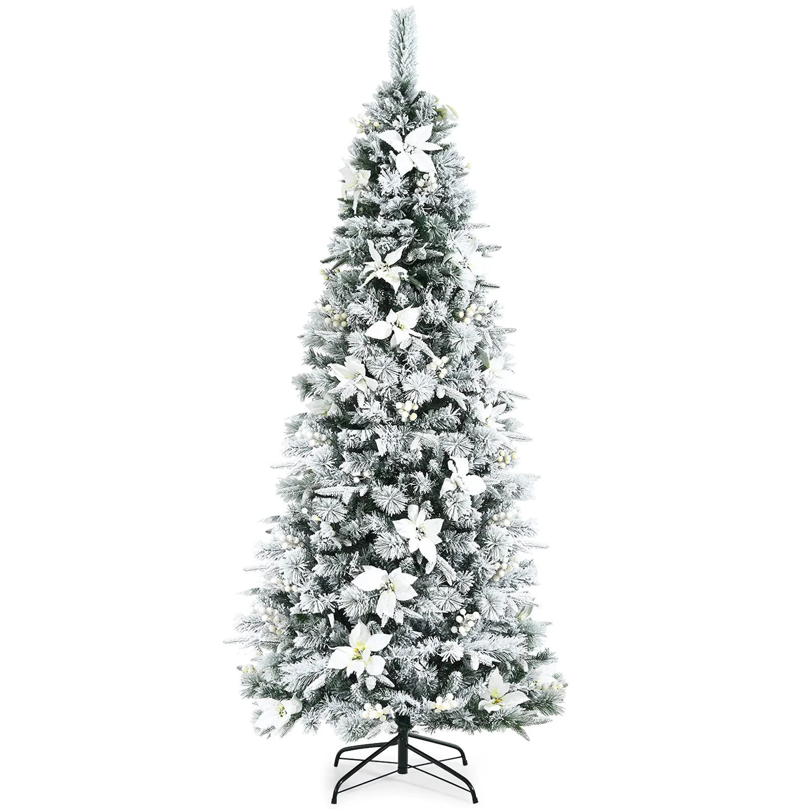 Goplus Snow Flocked Pencil Christmas Tree, Hinged Artificial Skinny Xmas Tree with White Berries - Image 10