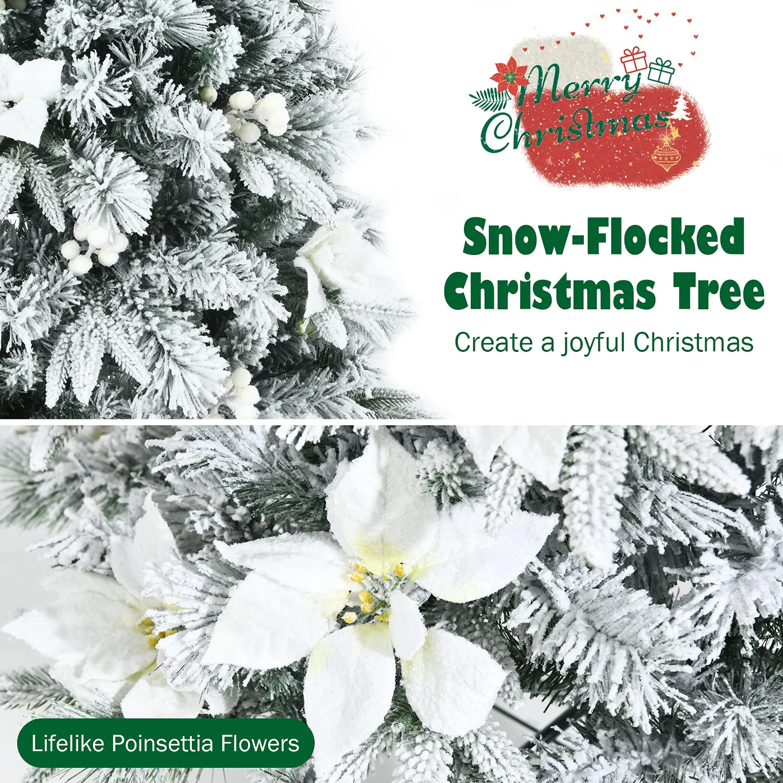 Goplus Snow Flocked Pencil Christmas Tree, Hinged Artificial Skinny Xmas Tree with White Berries - Image 3