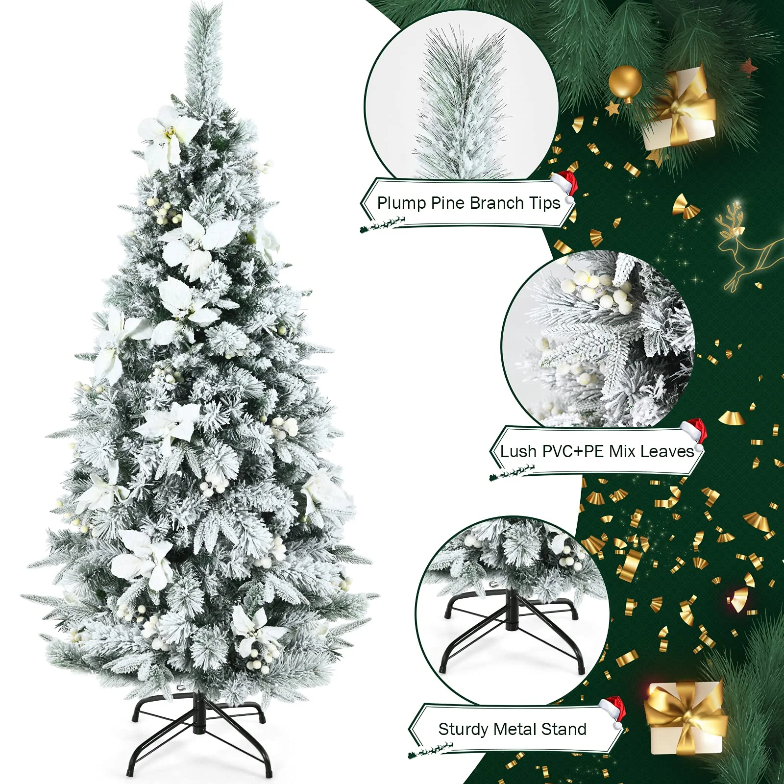 Goplus Snow Flocked Pencil Christmas Tree, Hinged Artificial Skinny Xmas Tree with White Berries - Image 4
