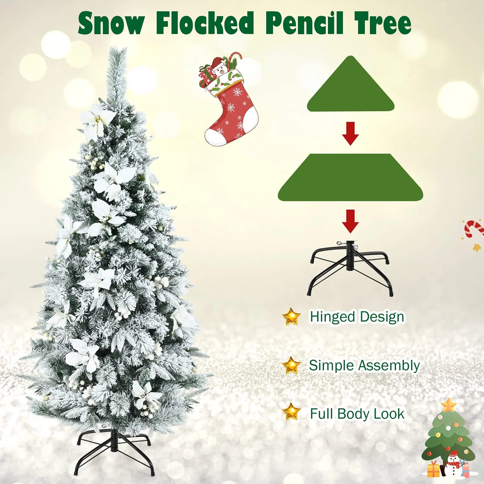 Goplus Snow Flocked Pencil Christmas Tree, Hinged Artificial Skinny Xmas Tree with White Berries - Image 5