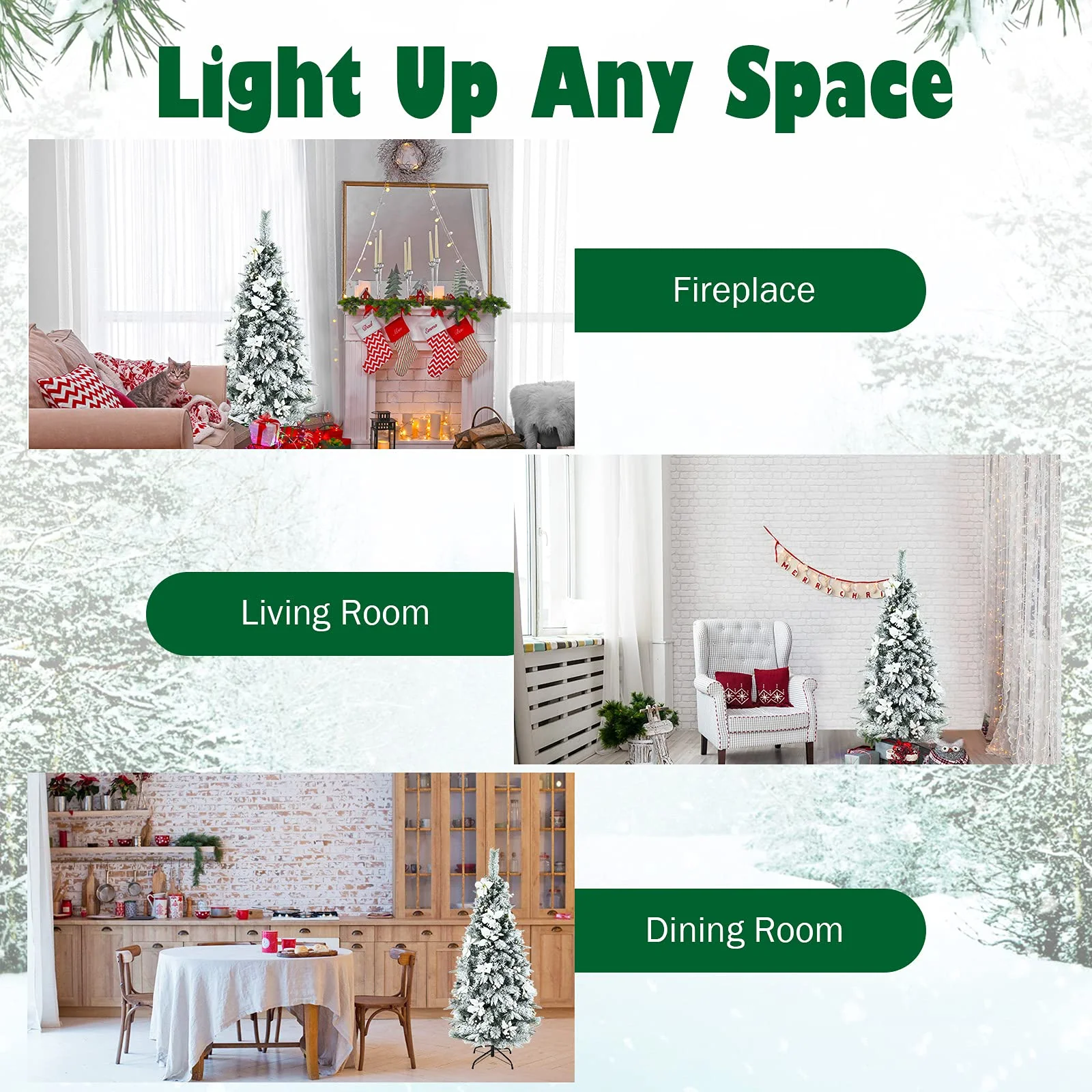 Goplus Snow Flocked Pencil Christmas Tree, Hinged Artificial Skinny Xmas Tree with White Berries - Image 6