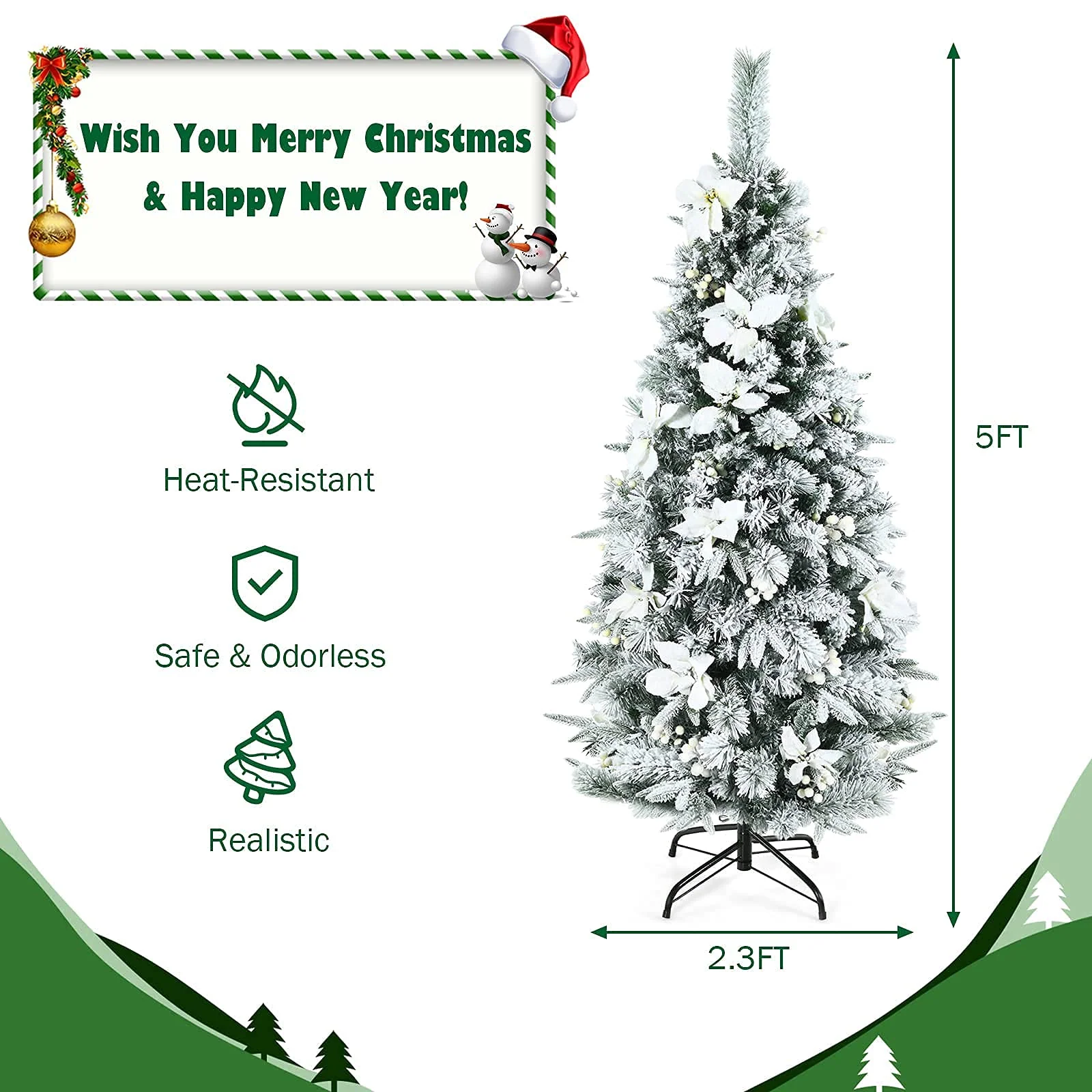 Goplus Snow Flocked Pencil Christmas Tree, Hinged Artificial Skinny Xmas Tree with White Berries - Image 7