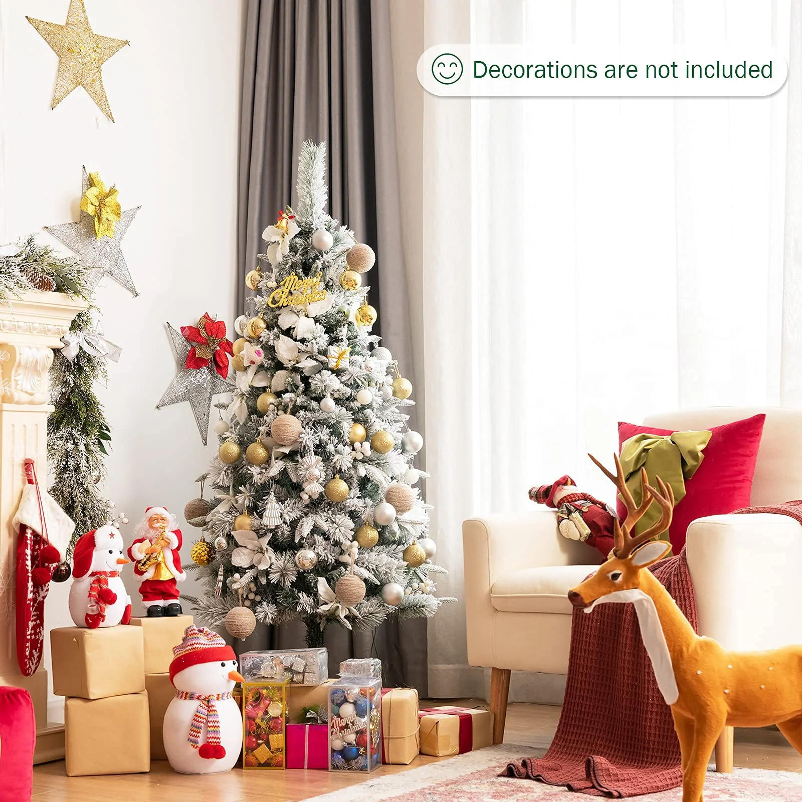 Goplus Snow Flocked Pencil Christmas Tree, Hinged Artificial Skinny Xmas Tree with White Berries - Image 8