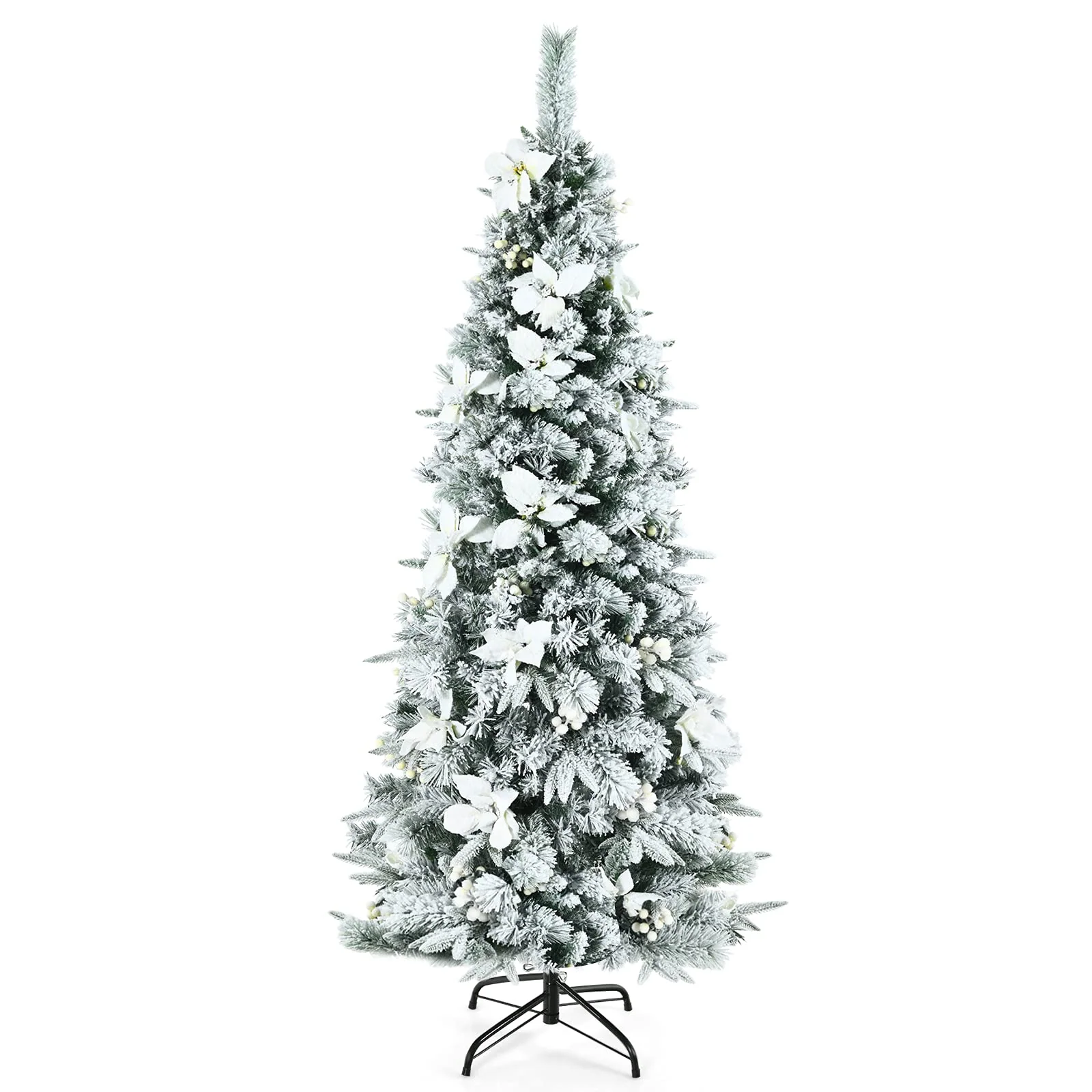 Goplus Snow Flocked Pencil Christmas Tree, Hinged Artificial Skinny Xmas Tree with White Berries - Image 9