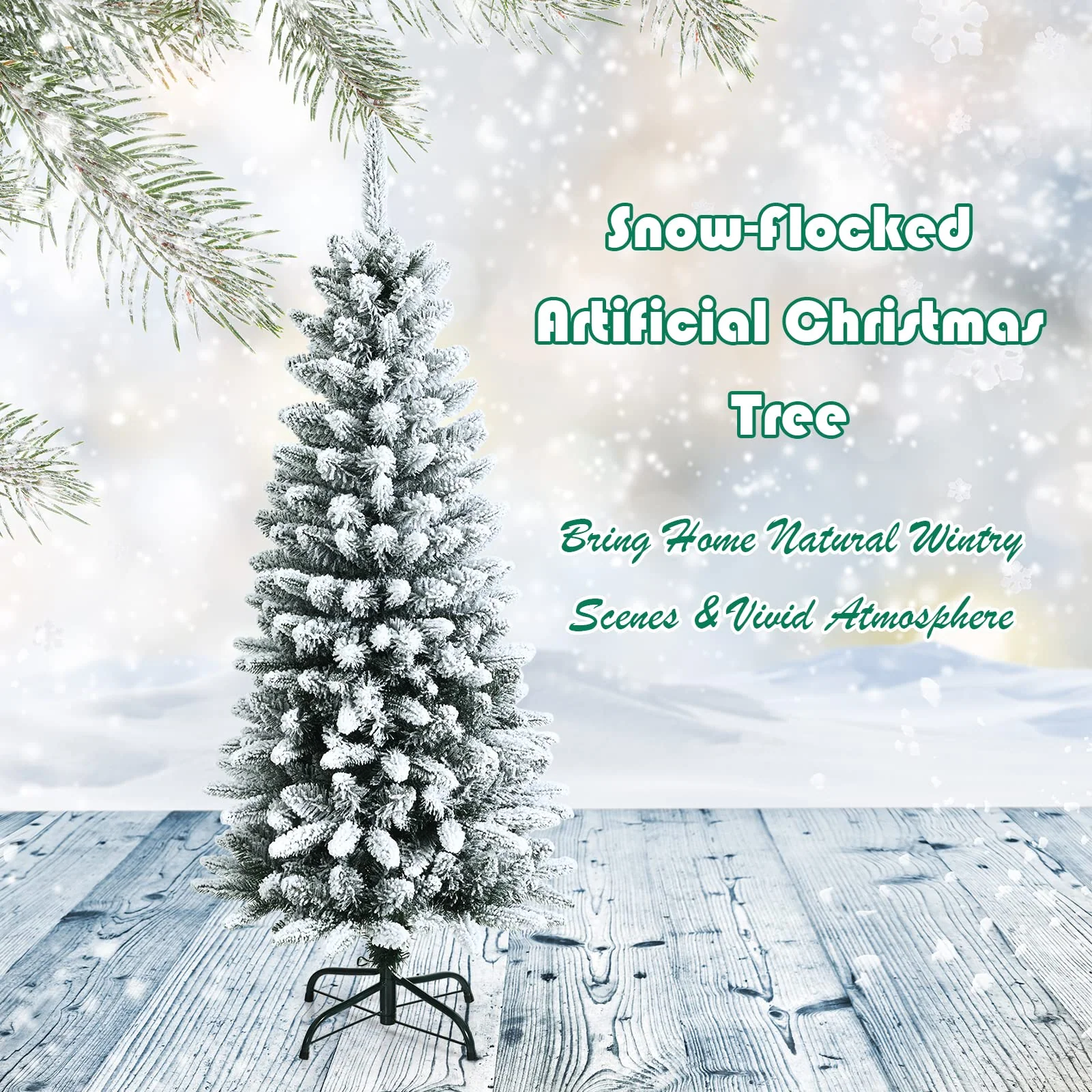 Goplus Snow Flocked Pencil Christmas Tree, Hinged Artificial Slim Xmas Tree - Image 3