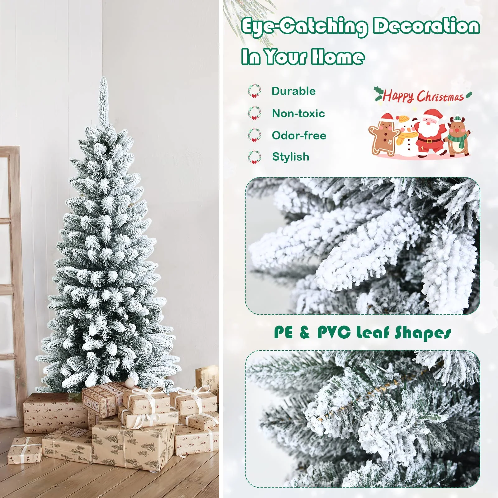 Goplus Snow Flocked Pencil Christmas Tree, Hinged Artificial Slim Xmas Tree - Image 4