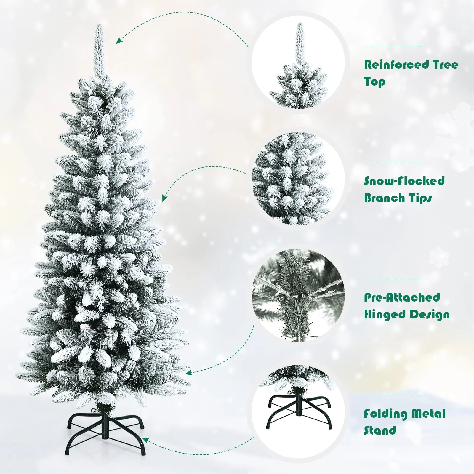 Goplus Snow Flocked Pencil Christmas Tree, Hinged Artificial Slim Xmas Tree - Image 5