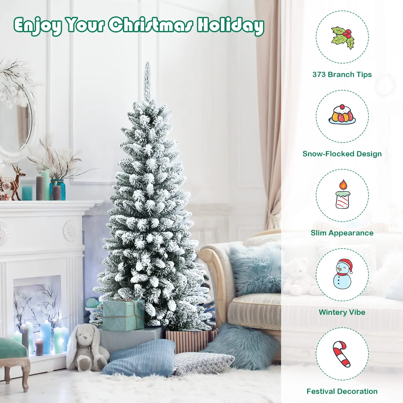 Goplus Snow Flocked Pencil Christmas Tree, Hinged Artificial Slim Xmas Tree - Image 6
