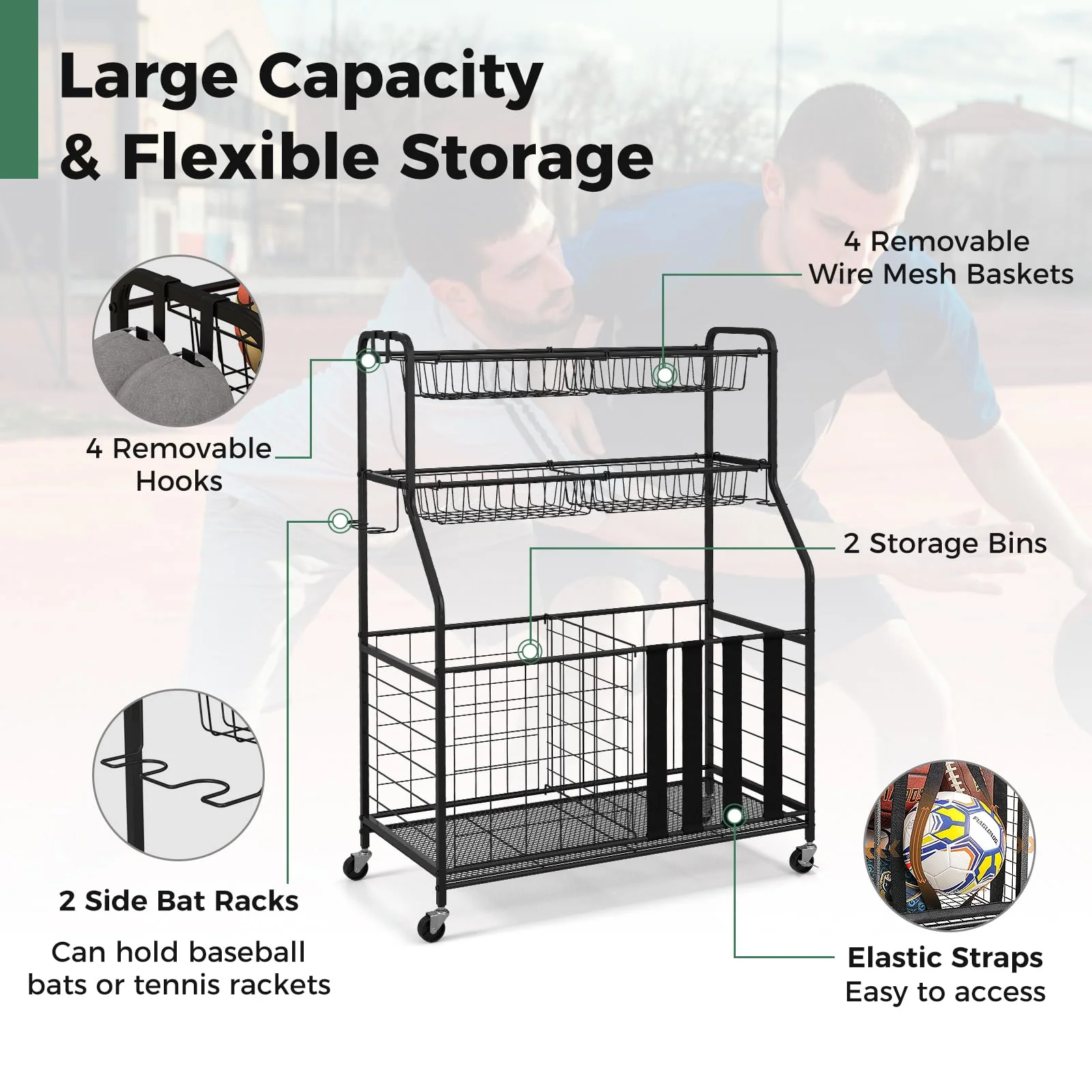 Goplus Sports Equipment Organizer for Garage, Ball Storage Rack w/Wheels - Image 3