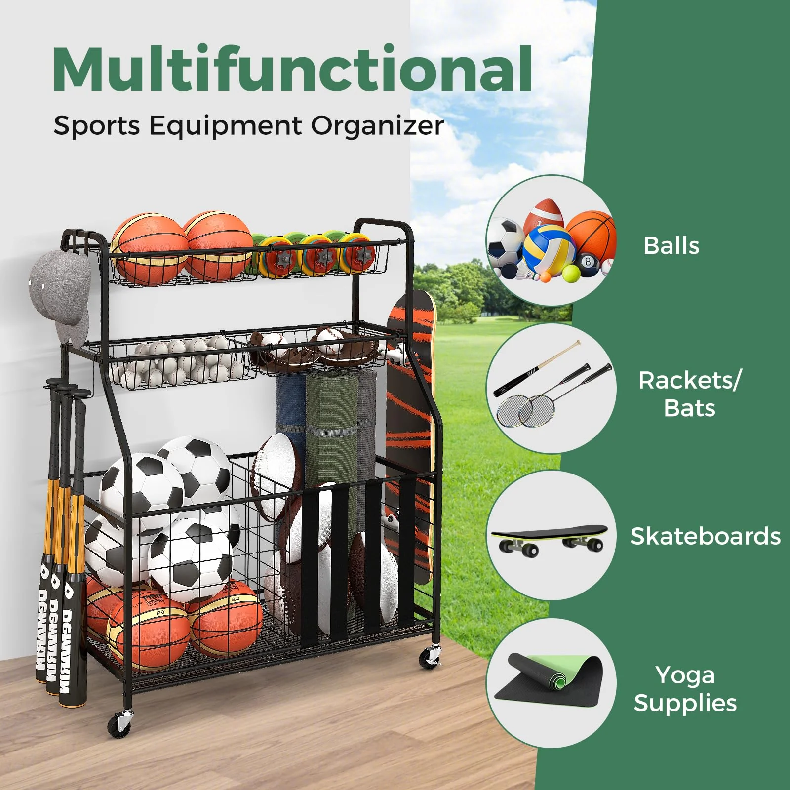 Goplus Sports Equipment Organizer for Garage, Ball Storage Rack w/Wheels - Image 4