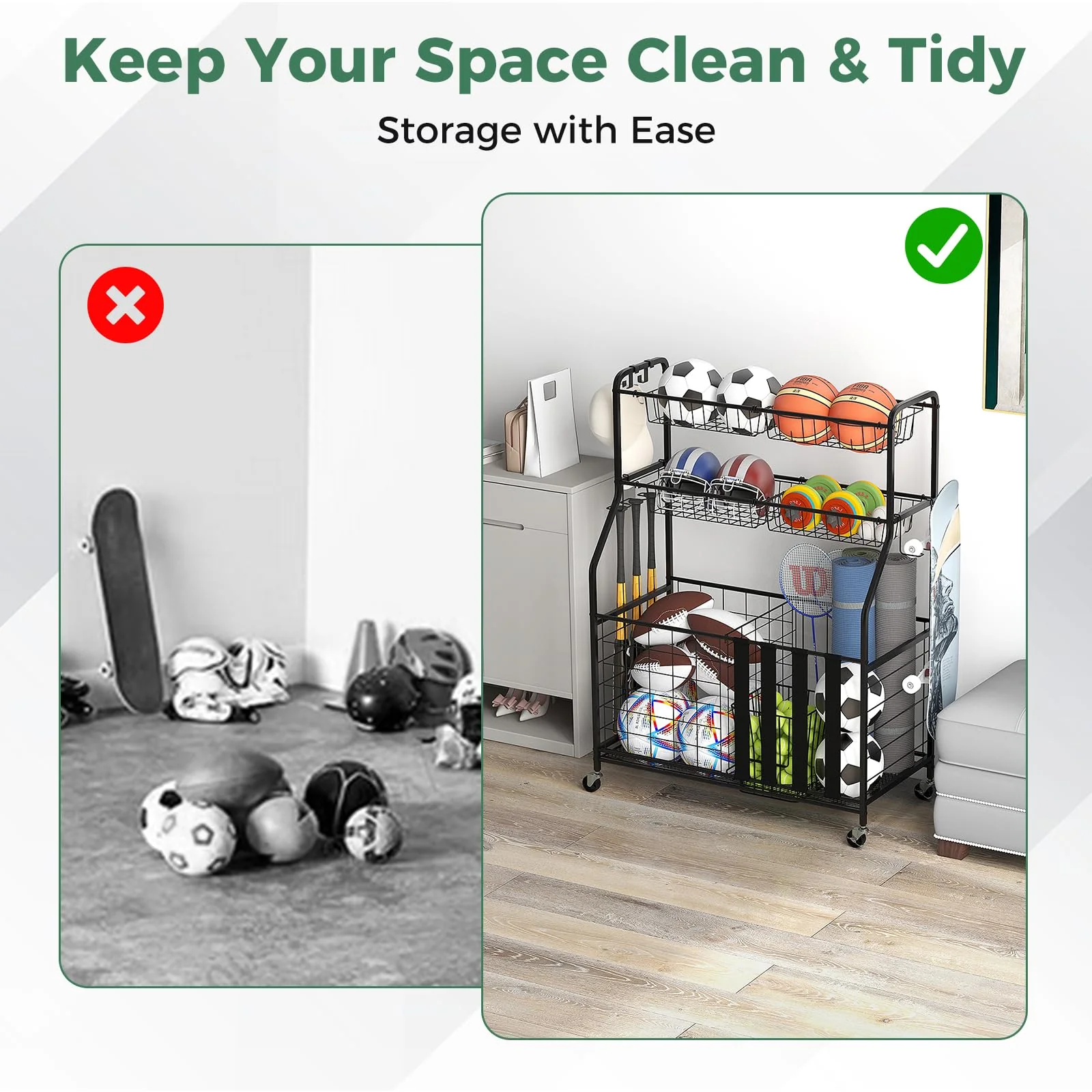 Goplus Sports Equipment Organizer for Garage, Ball Storage Rack w/Wheels - Image 7