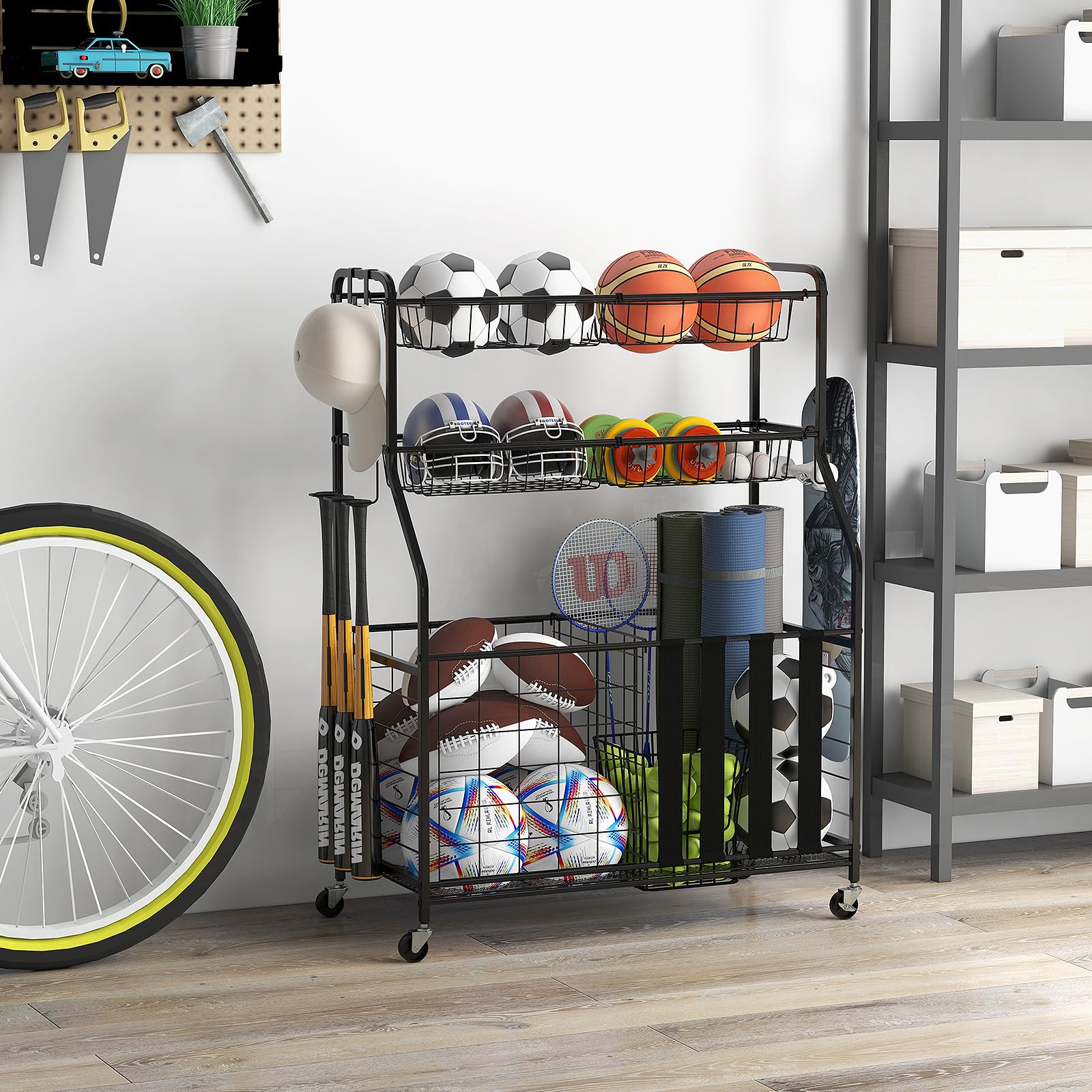 Goplus Sports Equipment Organizer for Garage, Ball Storage Rack w/Wheels - Image 8