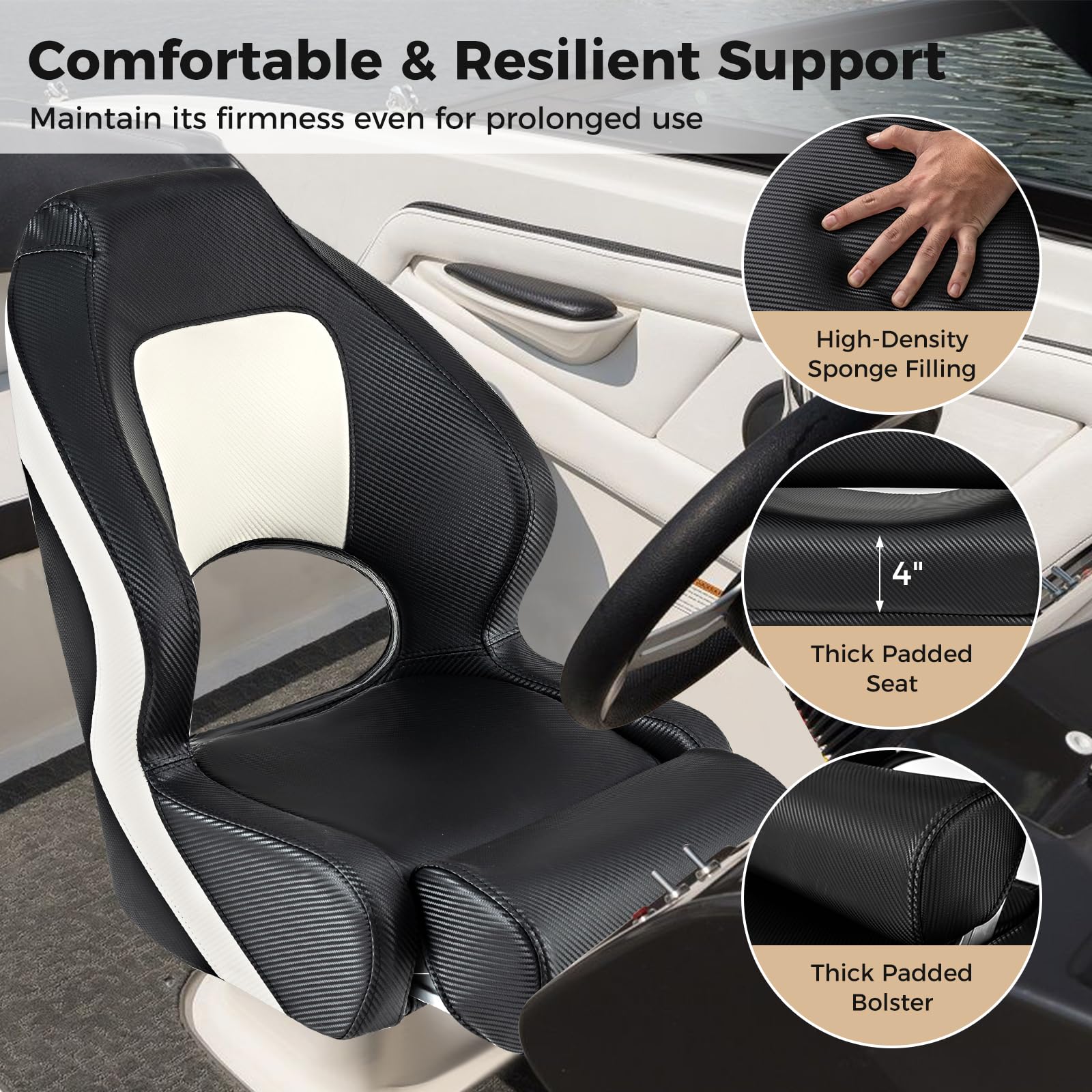 Goplus Sports Flip Up Boat Seat, Captain Bucket Seat w/Thick Sponge Bolster & Waterproof PVC Leather Upholstery - Image 4