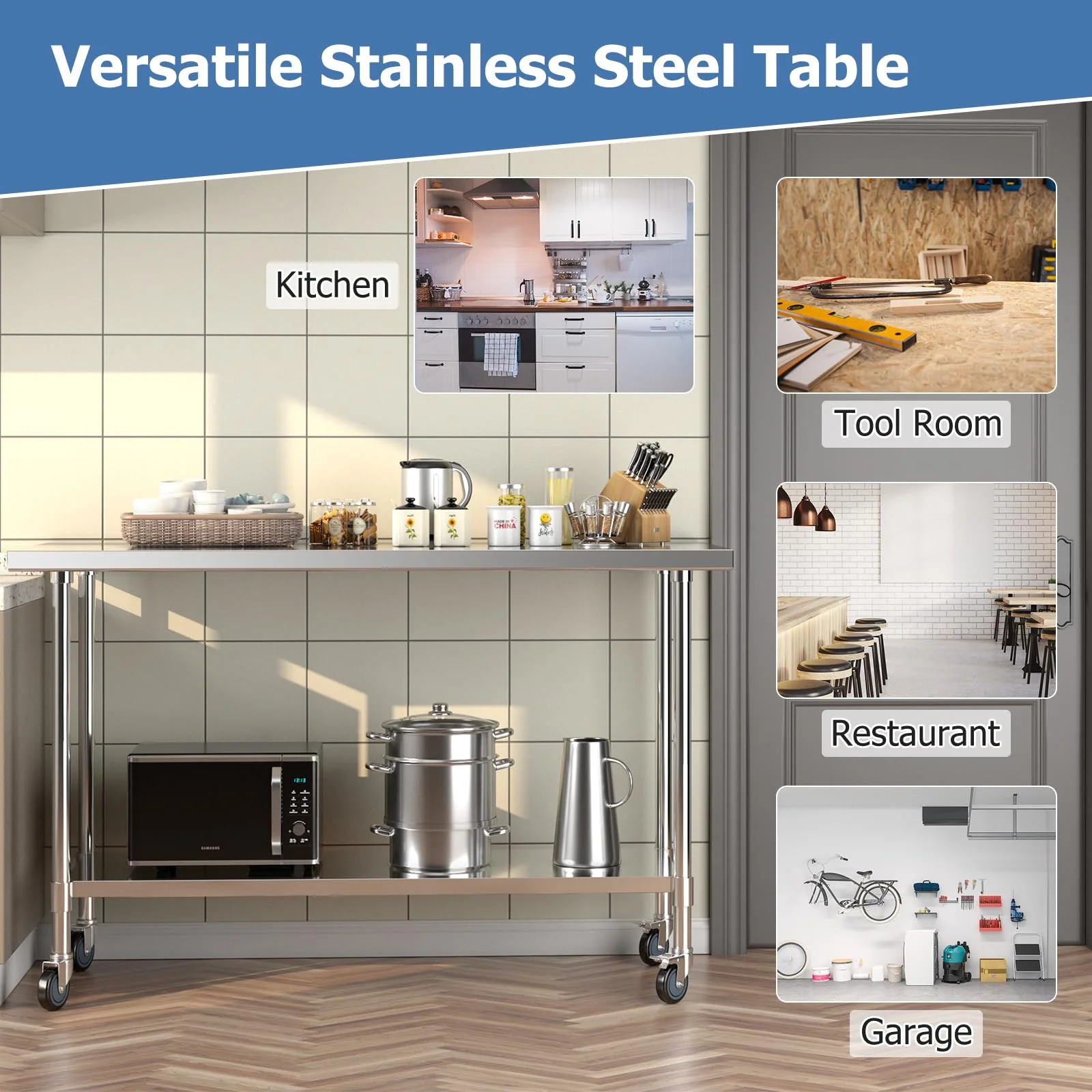 Goplus Stainless Steel Table with Wheels, 60” x 24” Rolling Kitchen Prep Table Work Table with Height Adjustable Under Shelf - Image 2