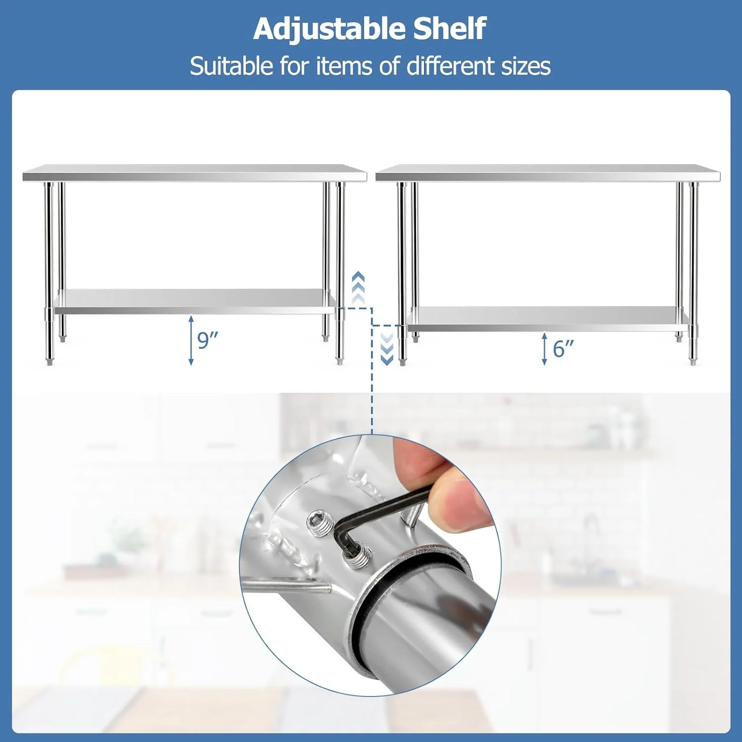Goplus Stainless Steel Table with Wheels, 60” x 24” Rolling Kitchen Prep Table Work Table with Height Adjustable Under Shelf - Image 4