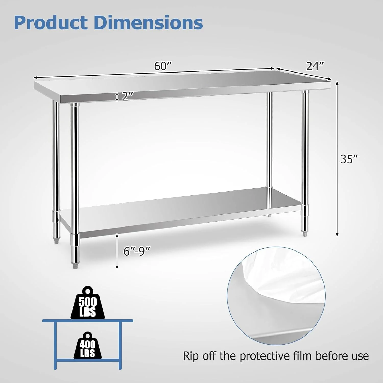 Goplus Stainless Steel Table with Wheels, 60” x 24” Rolling Kitchen Prep Table Work Table with Height Adjustable Under Shelf - Image 7