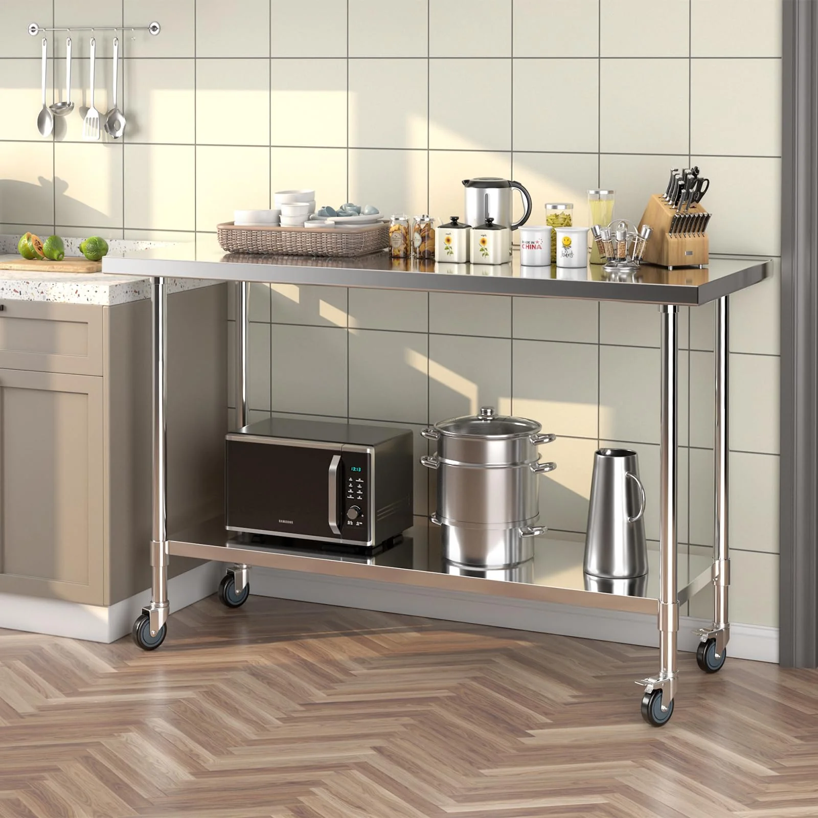 Goplus Stainless Steel Table with Wheels, 60” x 24” Rolling Kitchen Prep Table Work Table with Height Adjustable Under Shelf - Image 8