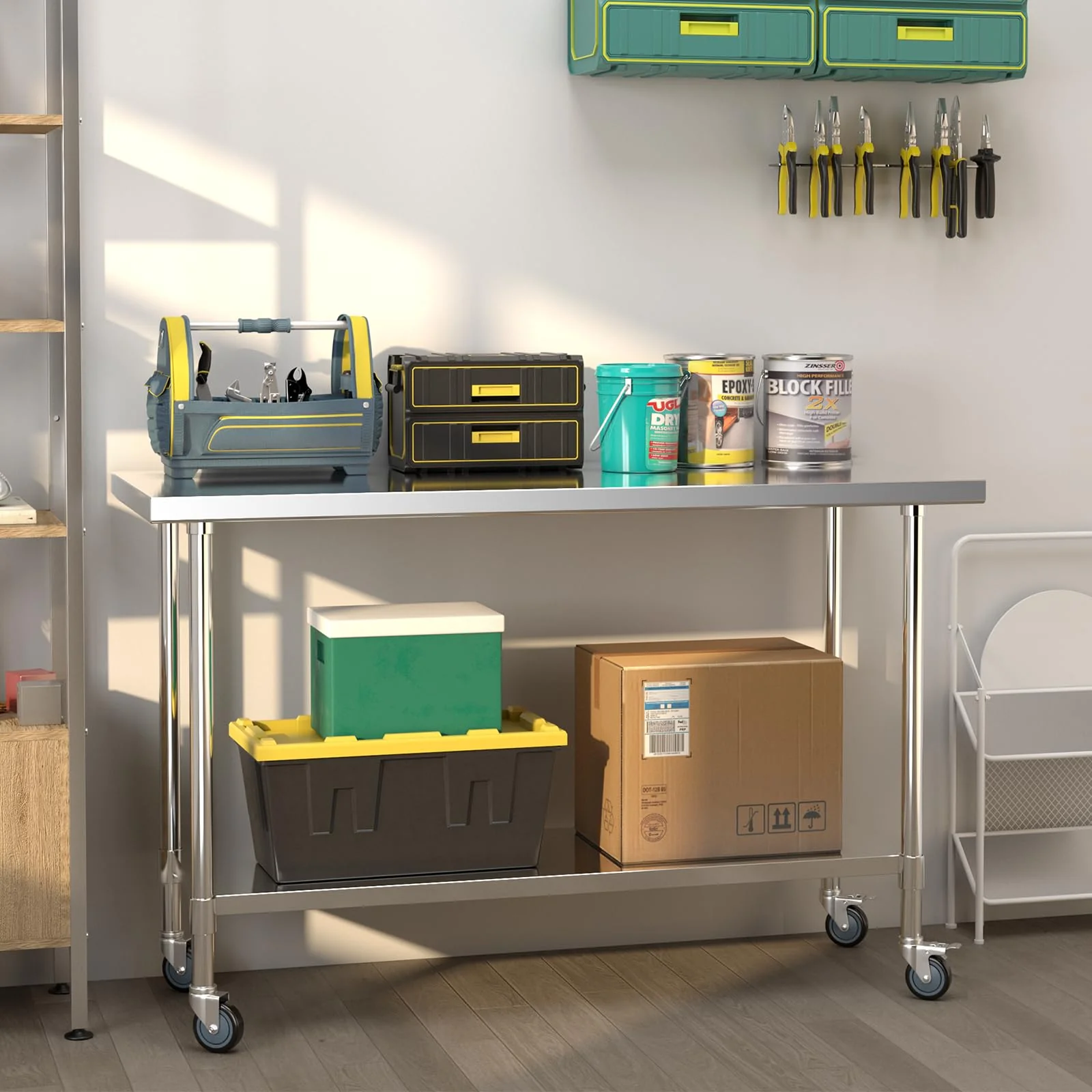 Goplus Stainless Steel Table with Wheels, 60” x 24” Rolling Kitchen Prep Table Work Table with Height Adjustable Under Shelf - Image 9